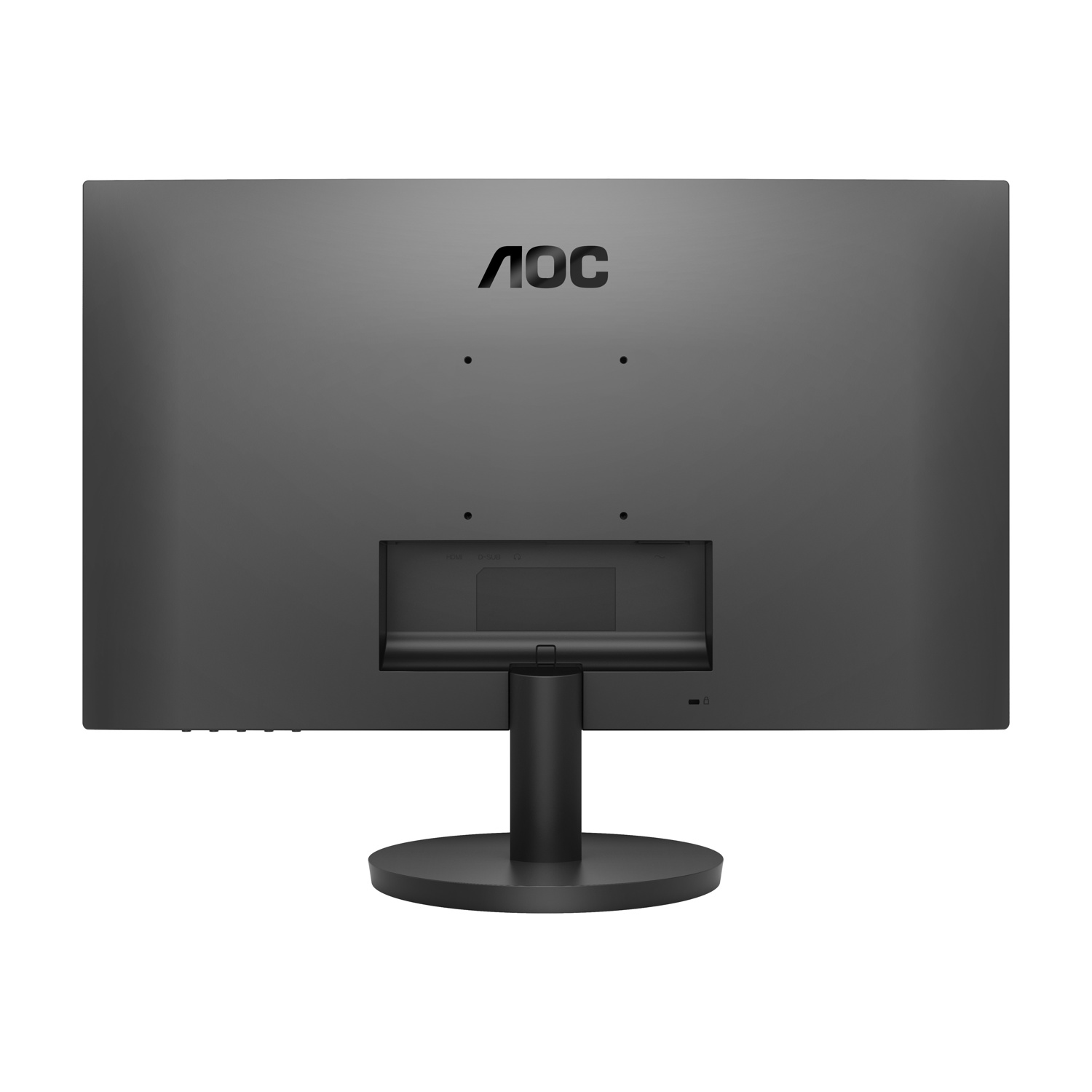 Il retro di un monitor AOC nero. Ha un supporto e il logo AOC in alto. Le porte sono visibili in basso.