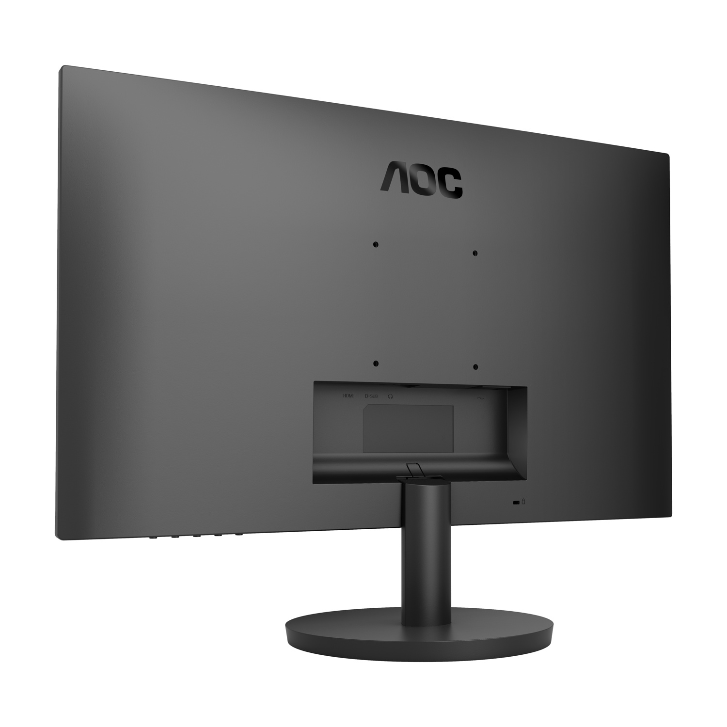 La parte posteriore di un monitor AOC nero. Ha un supporto, porte e il logo AOC. Lo schermo è grigio scuro.