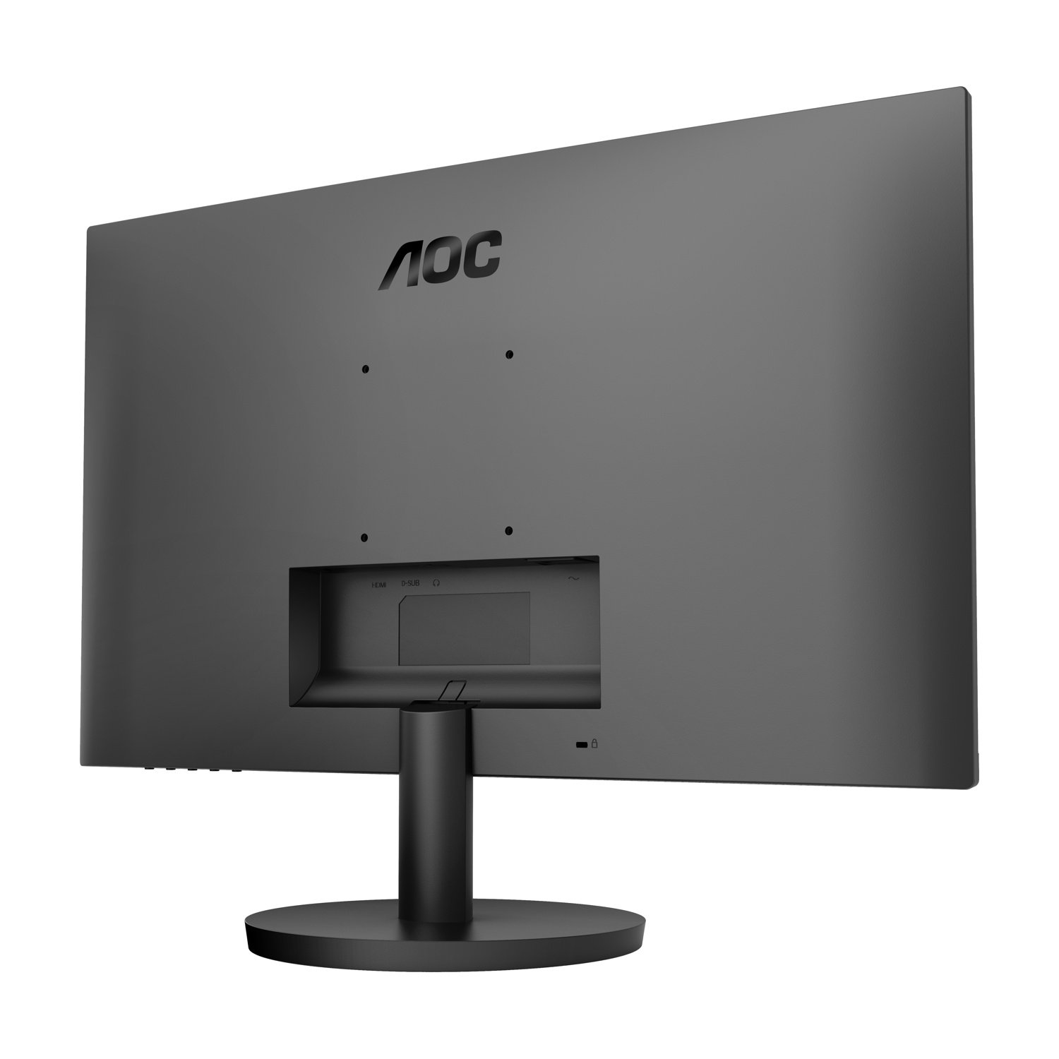 Viene mostrato il retro di un monitor AOC nero. Il monitor ha un supporto e porte per connessioni HDMI e D-SUB.