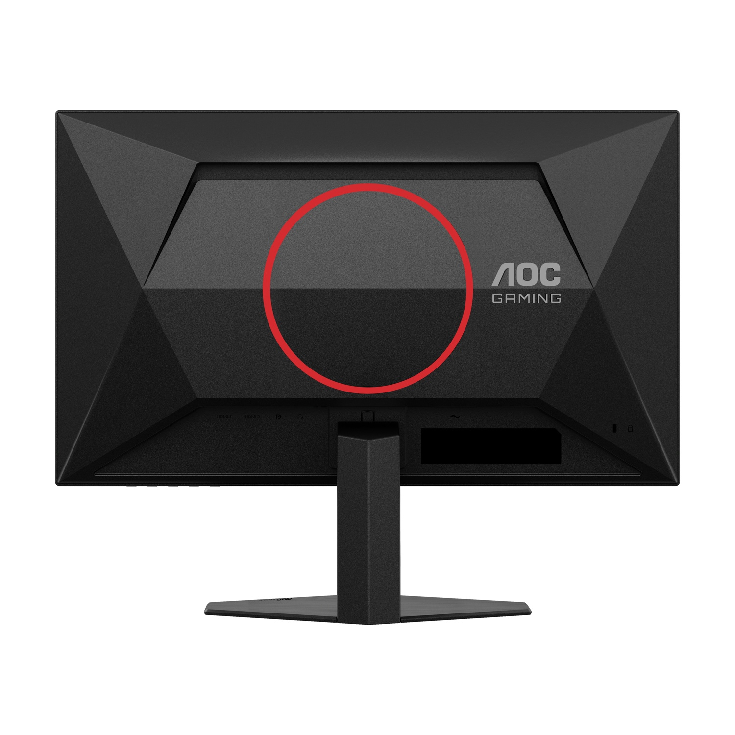 Viene mostrato il retro di un monitor da gioco AOC nero. È presente un cerchio rosso. Il monitor è su un supporto.