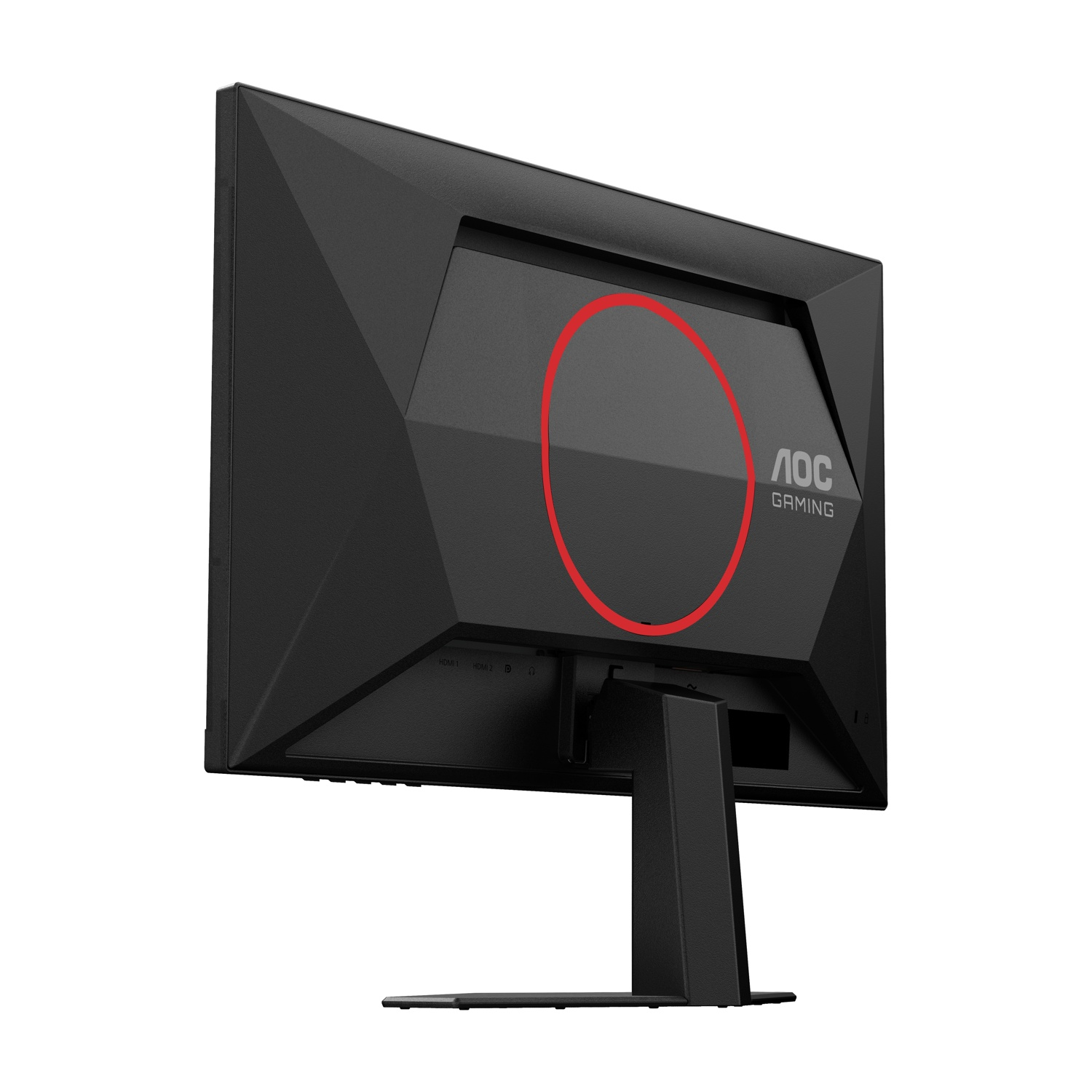 Vista posteriore del monitor da gioco AOC nero. Design a cerchio rosso, supporto e porte visibili. Visibile anche il logo AOC Gaming.