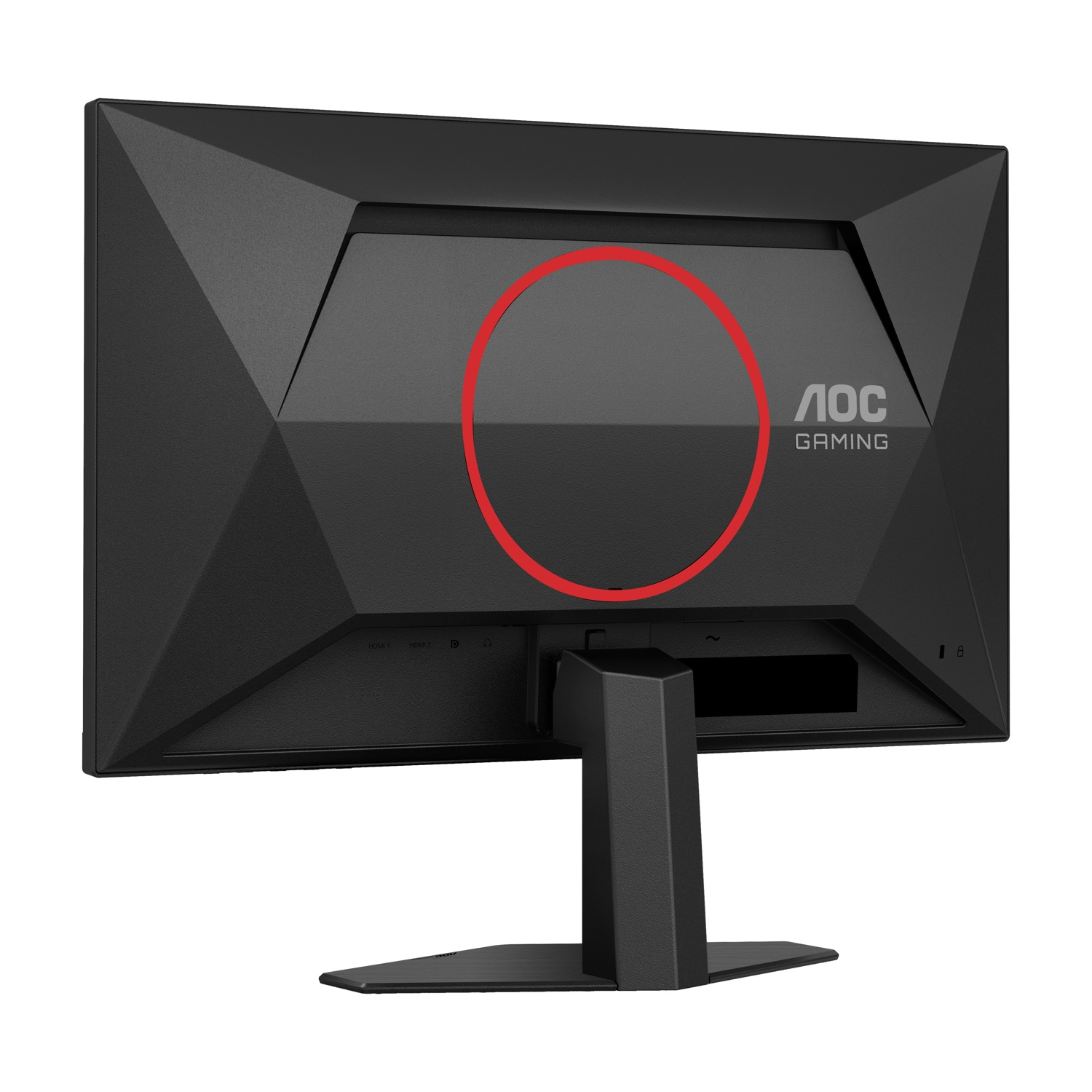 Il retro di un monitor da gioco AOC nero. Ha un cerchio rosso e il logo del marchio. Un supporto nero sostiene il monitor.