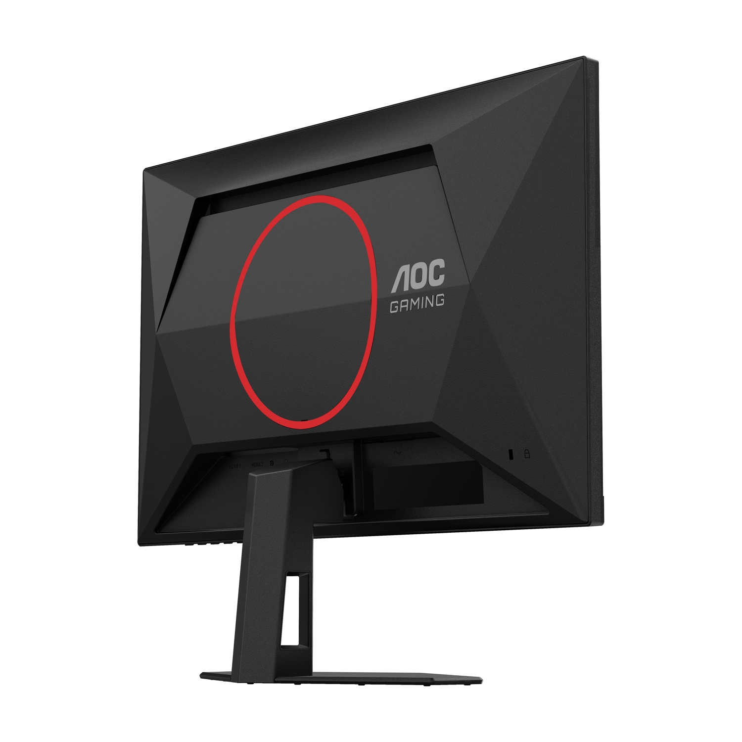 Monitor da gioco AOC nero con dettaglio cerchio rosso. Lo schermo è spento, mostrando il retro con il supporto.