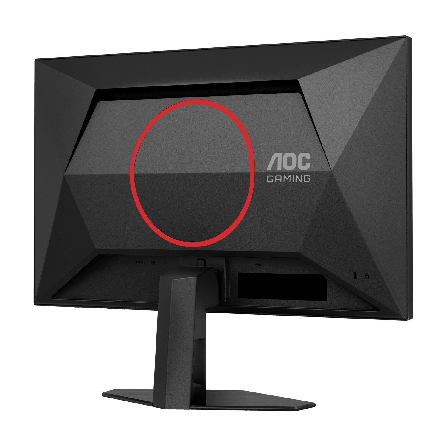 Il retro di un monitor da gioco AOC nero. Ha un cerchio rosso e il logo del marchio. Il supporto è nero.