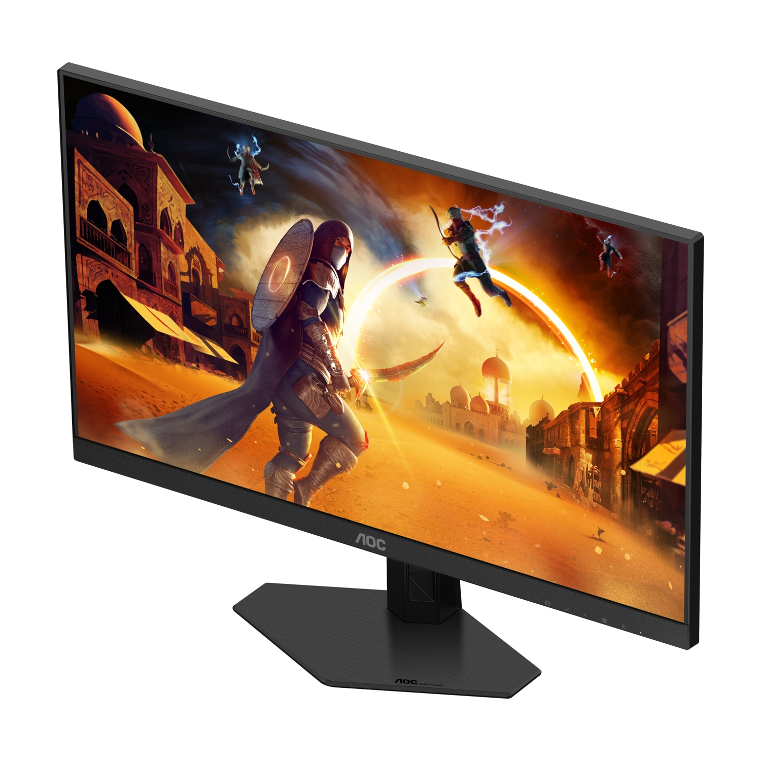 Il monitor da gioco AOC mostra una scena fantasy con personaggi in combattimento. Il monitor ha un supporto nero. Lo sfondo mostra edifici.