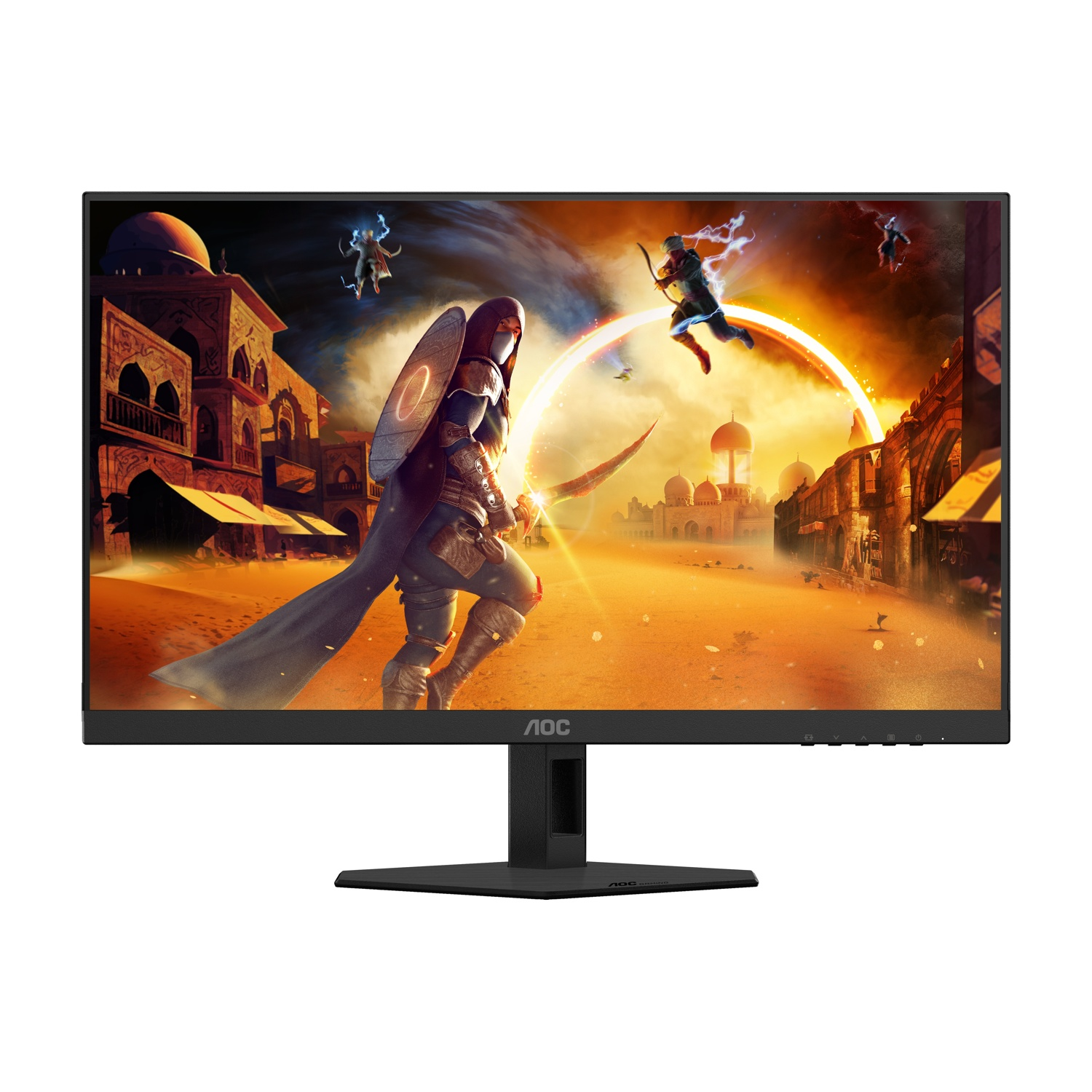 Monitor AOC che mostra una scena fantasy con guerrieri ed edifici, bagnata da una luce calda.