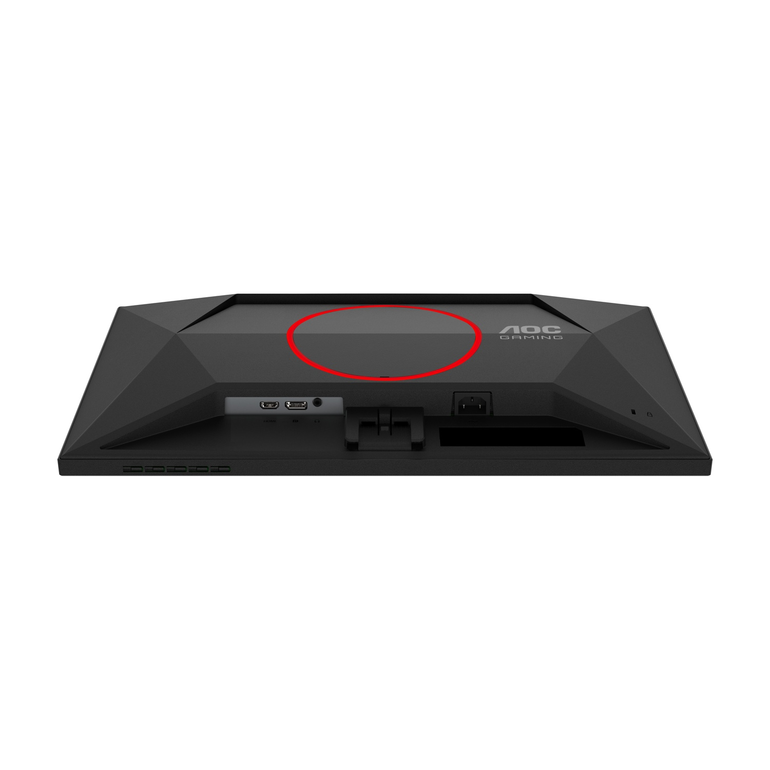 Viene mostrato il retro di un monitor da gioco AOC nero. Ha varie porte e un logo di gioco AOC in alto a destra.