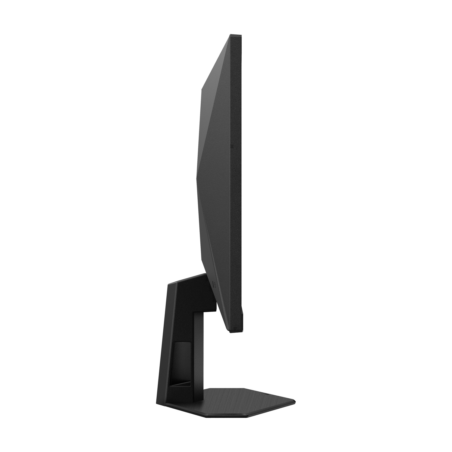 Vista laterale di un monitor per computer nero su sfondo bianco. Il monitor ha un design geometrico e si trova su un supporto nero.