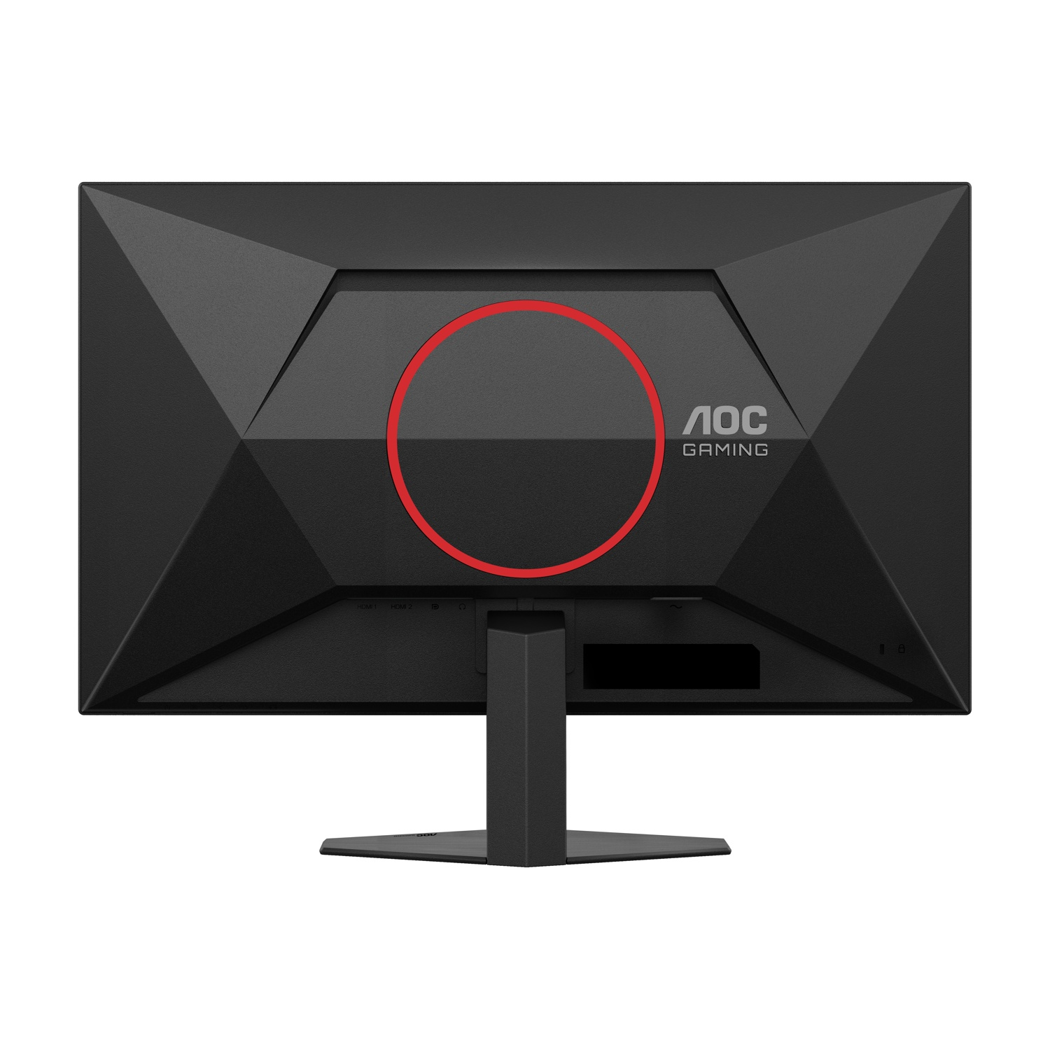 Il retro di un monitor da gioco AOC nero. Ha un cerchio rosso e il logo AOC Gaming. Anche il supporto è nero.