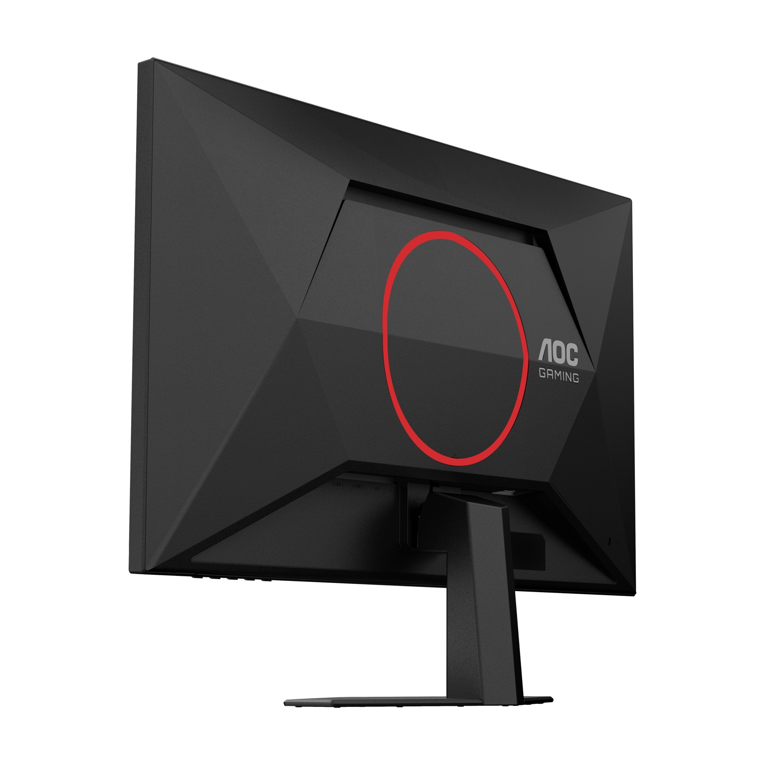 Vista posteriore del monitor da gioco AOC nero. Design a cerchio rosso e logo AOC gaming. Monitor su supporto nero. Sfondo bianco.