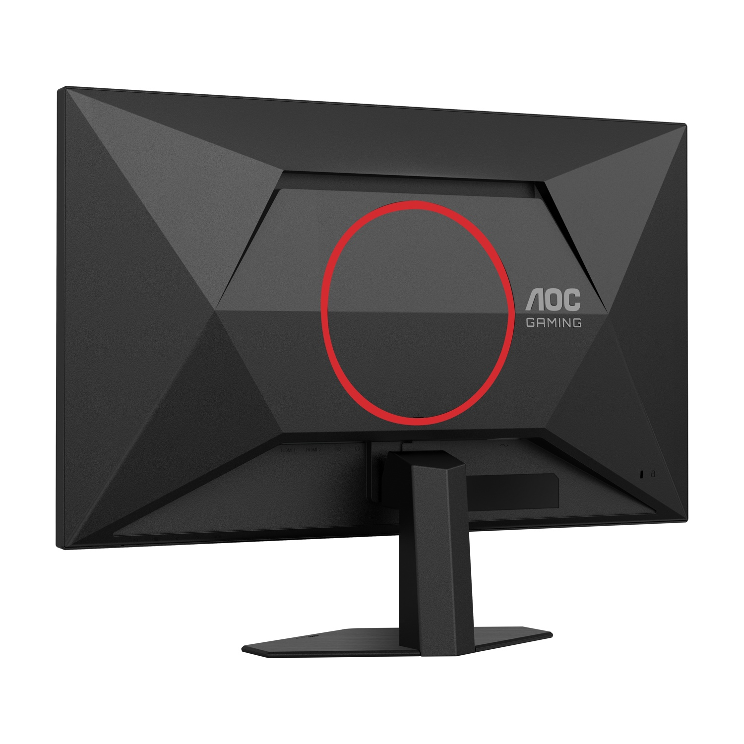 Il retro di un monitor da gioco AOC nero. Ha un cerchio rosso e il logo del marchio. Si erge su una base nera.