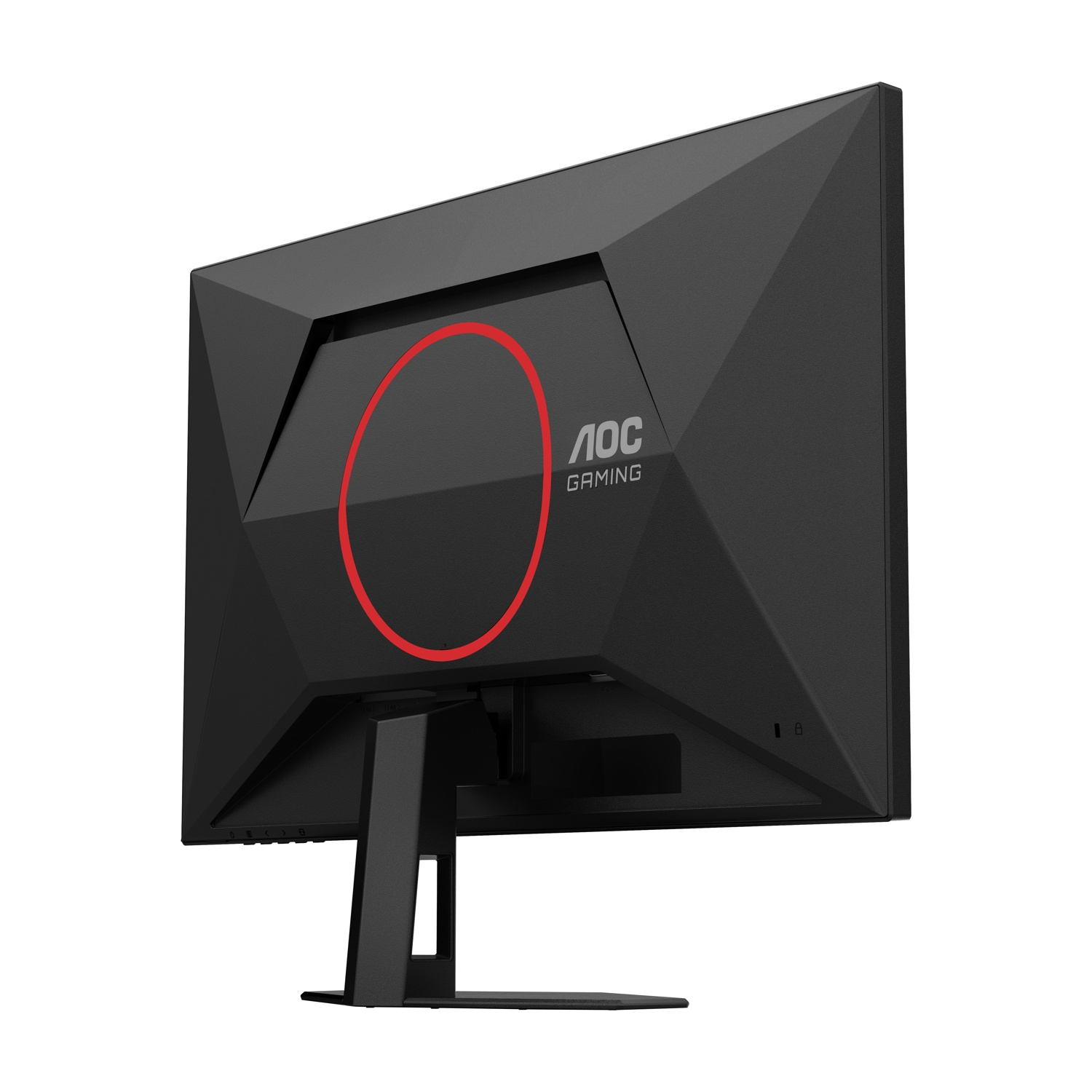 La parte posteriore di un monitor da gioco AOC nero, con un cerchio rosso e il logo del marchio. Inclinato, con supporto.