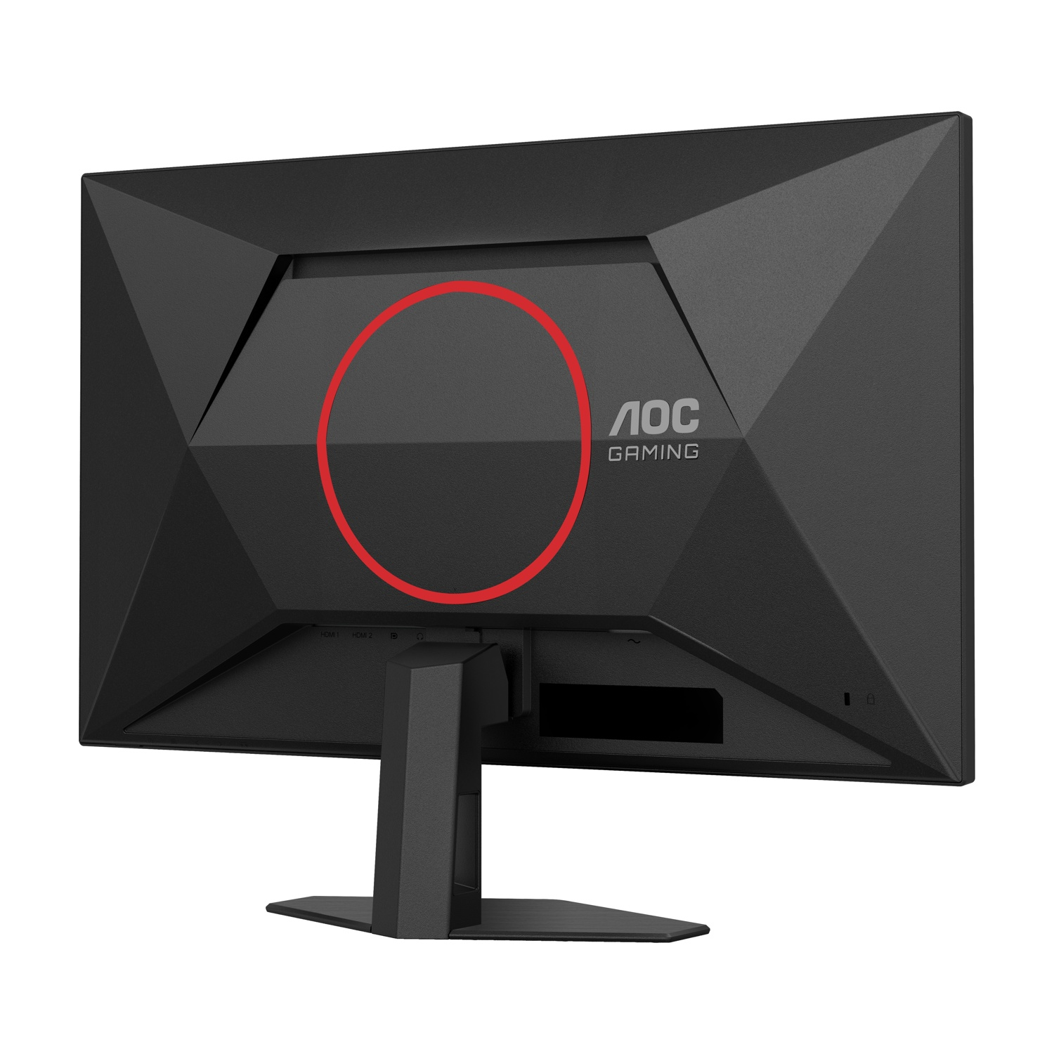 Il retro di un monitor da gaming AOC nero. Ha un cerchio rosso e il logo del marchio. Anche il supporto è nero.