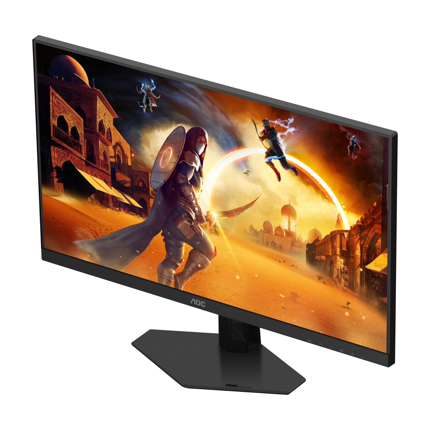 Il monitor gaming AOC mostra una scena fantasy desertica. I personaggi combattono di fronte agli edifici. Il monitor è su un supporto nero.