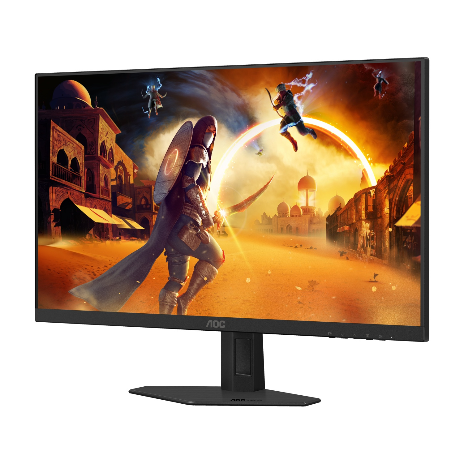 Il monitor gaming AOC mostra una scena fantasy con personaggi, edifici e sfondo desertico. Il monitor è nero, con supporto nero.