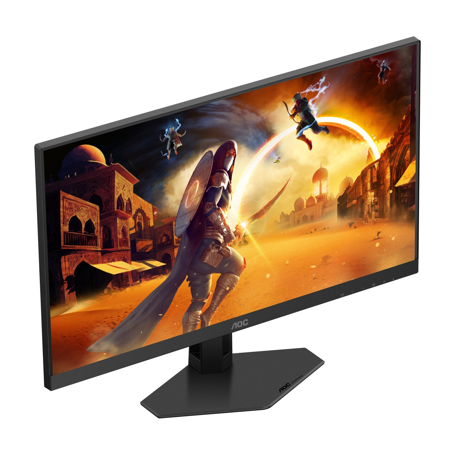 Il monitor da gioco AOC mostra una scena fantasy con un guerriero, edifici e figure nel cielo. Il monitor è nero con un supporto nero.