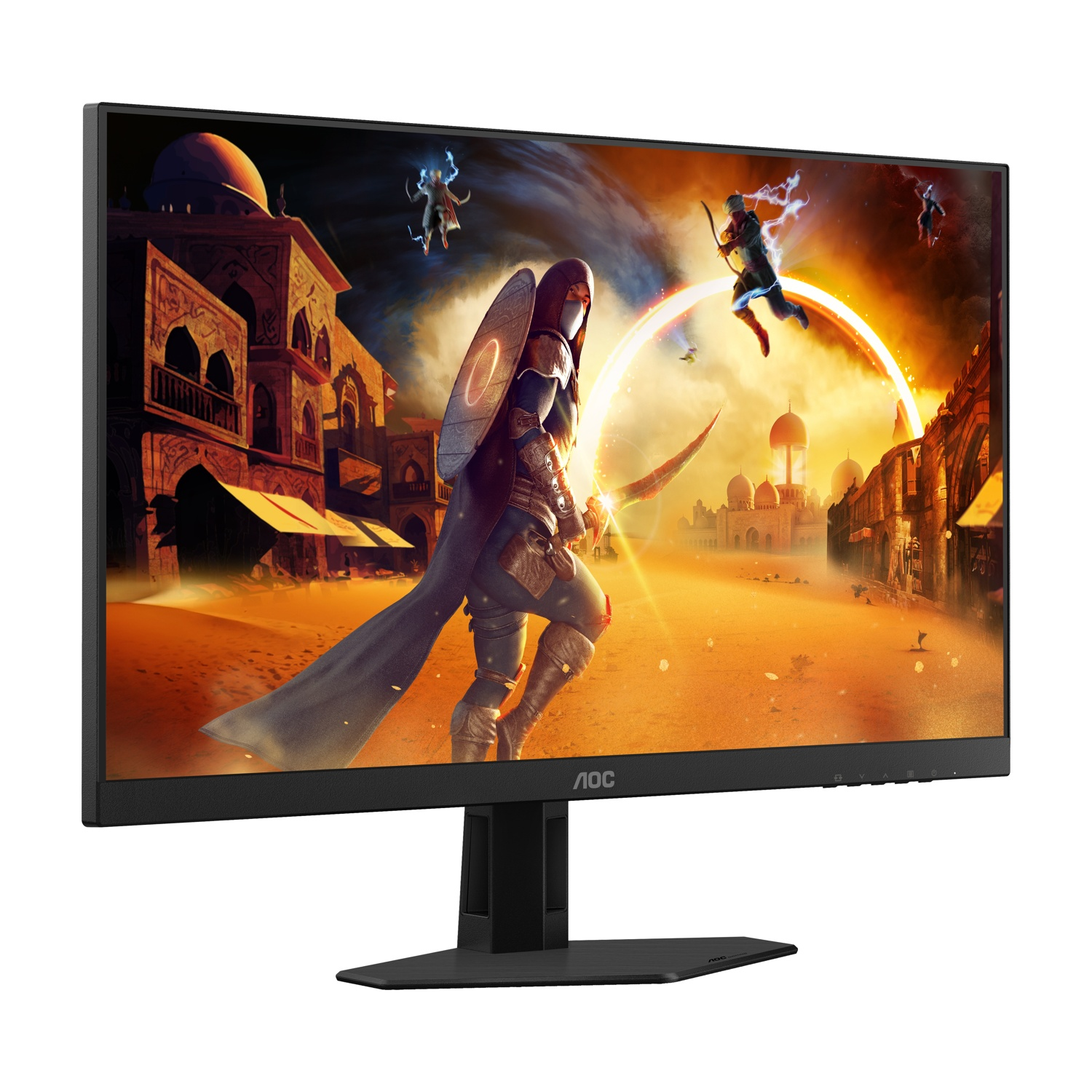 Monitor AOC che mostra una scena fantasy. Una figura incappucciata con scudo e spada in un deserto. Edifici e personaggi sullo sfondo.