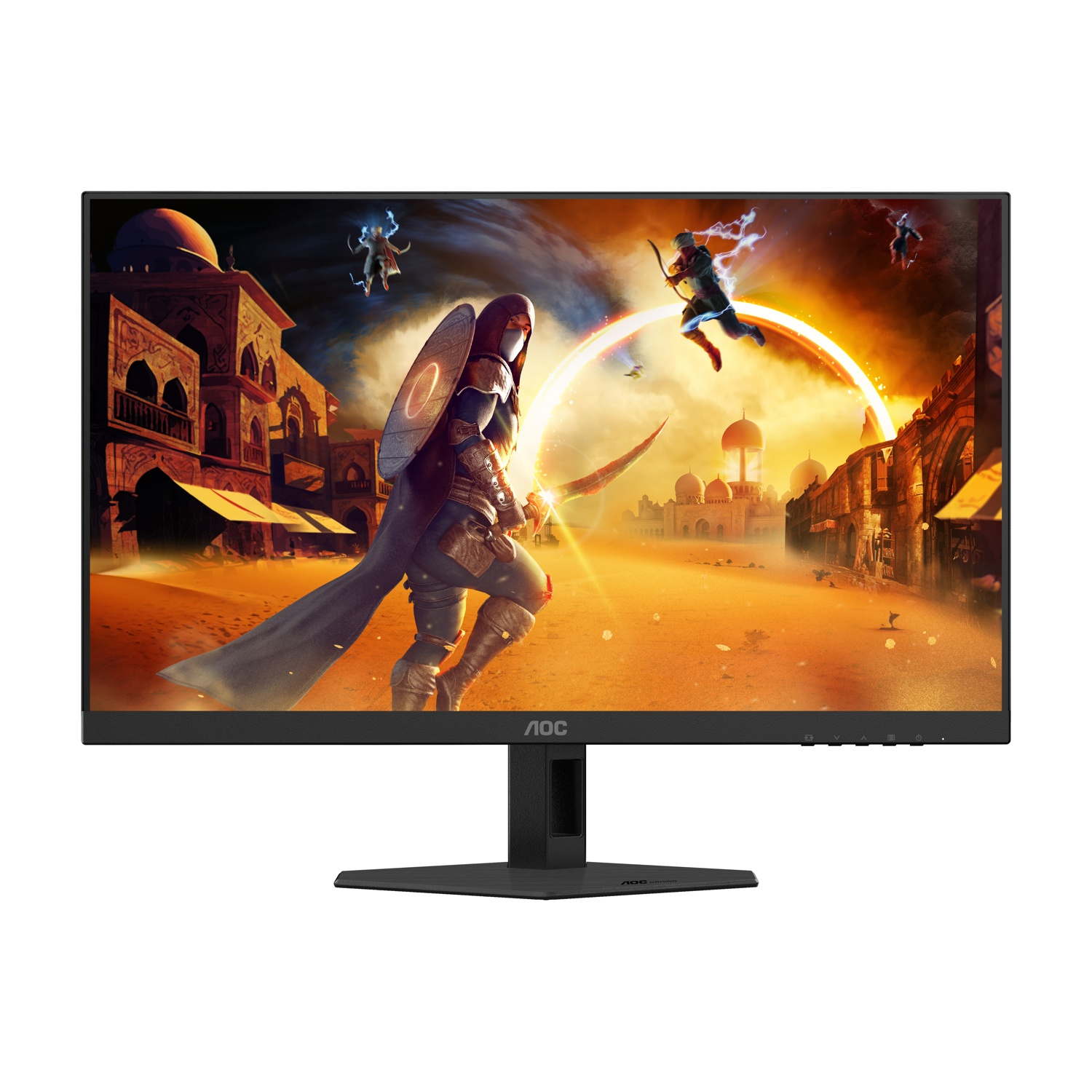 Monitor AOC con scena fantasy: guerriero con scudo, arciere, figure volanti, sfondo di città desertica.