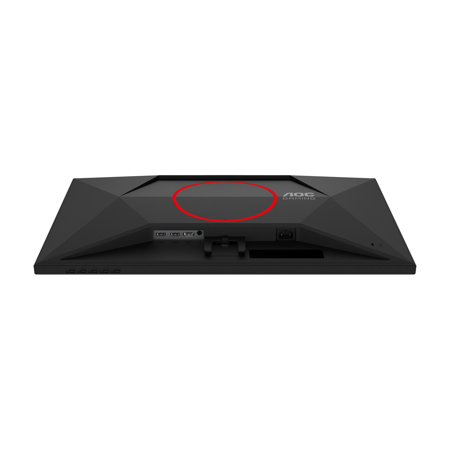 La parte posteriore di un monitor da gioco AOC nero. Ha varie porte e il logo AOC Gaming. Un cerchio rosso è in alto.