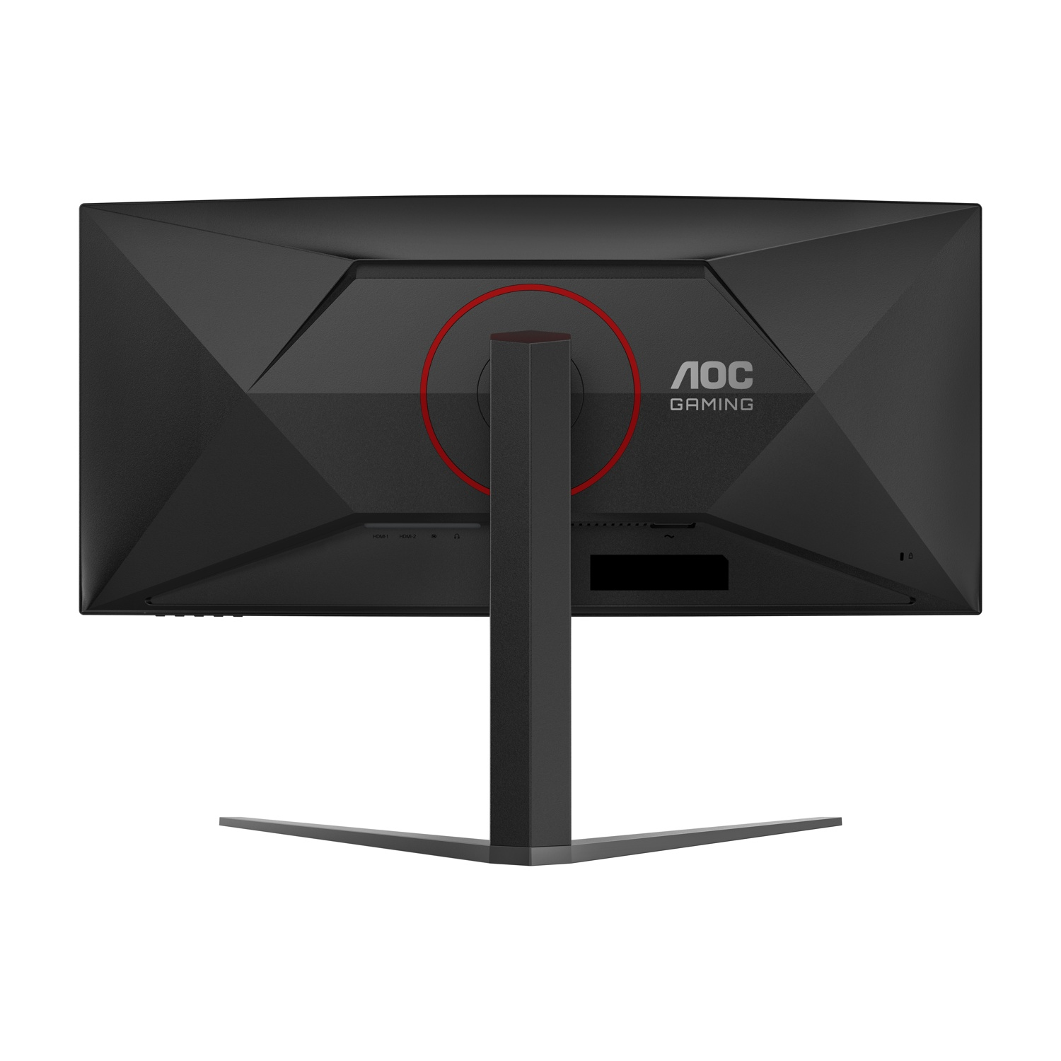 Il retro di un monitor da gioco AOC nero. Ha un cerchio rosso e il logo del marchio. Il supporto è nero e argento.