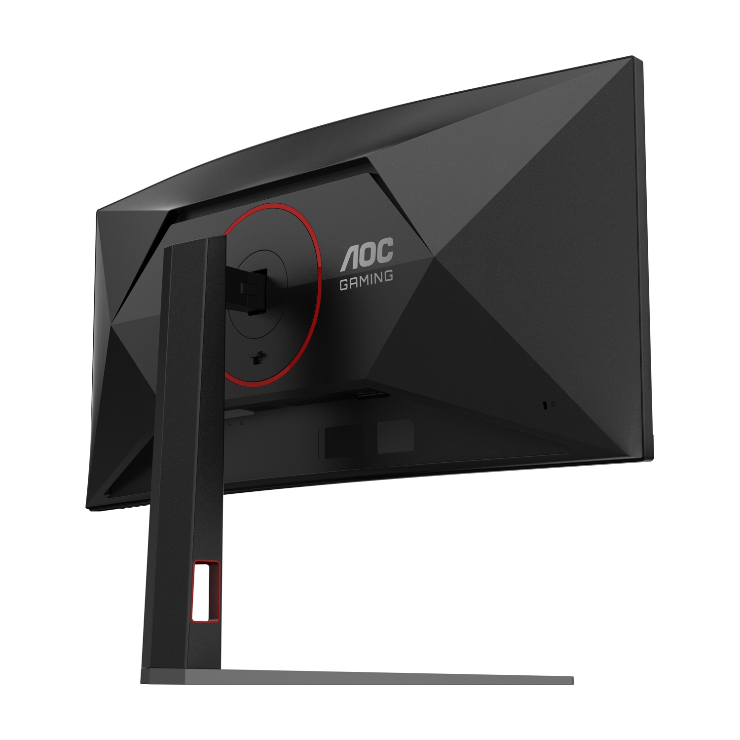 Vista posteriore del monitor da gioco AOC nero. Dettagli rossi sul supporto e sul retro. Sfondo bianco.