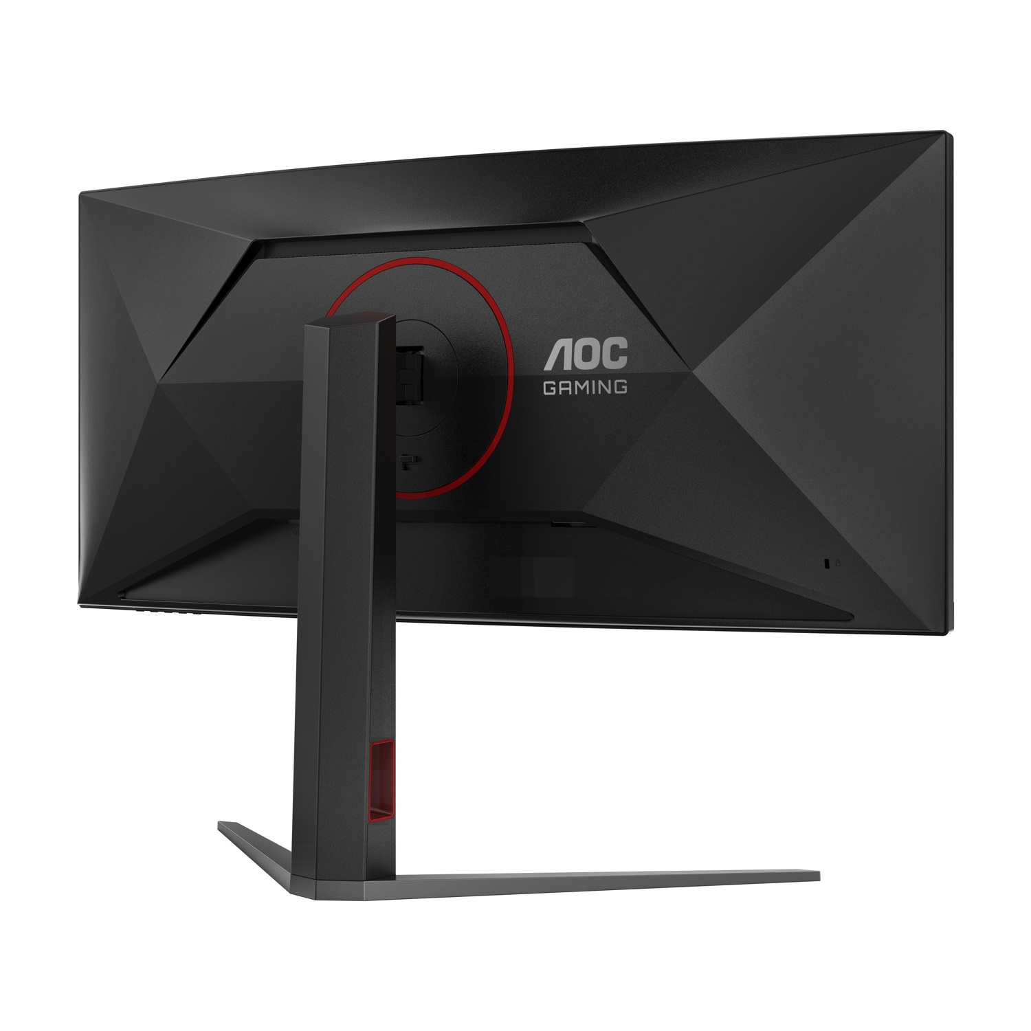 Retro del monitor gaming AOC nero. Sono visibili l'anello rosso e il logo. Su sfondo bianco.