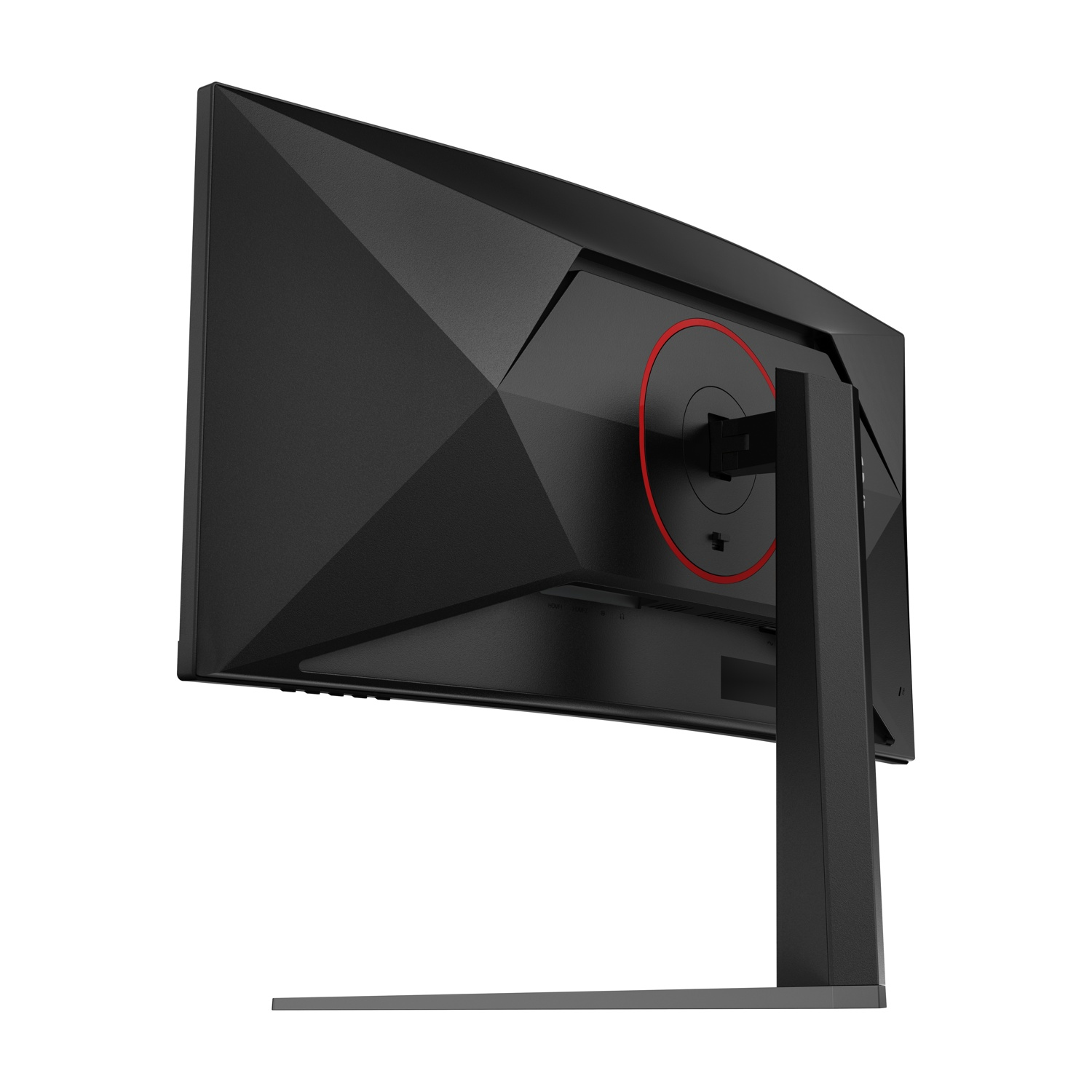 Monitor per computer curvo nero, vista posteriore. Dettaglio cerchio rosso. Supportato da un supporto nero su sfondo bianco.