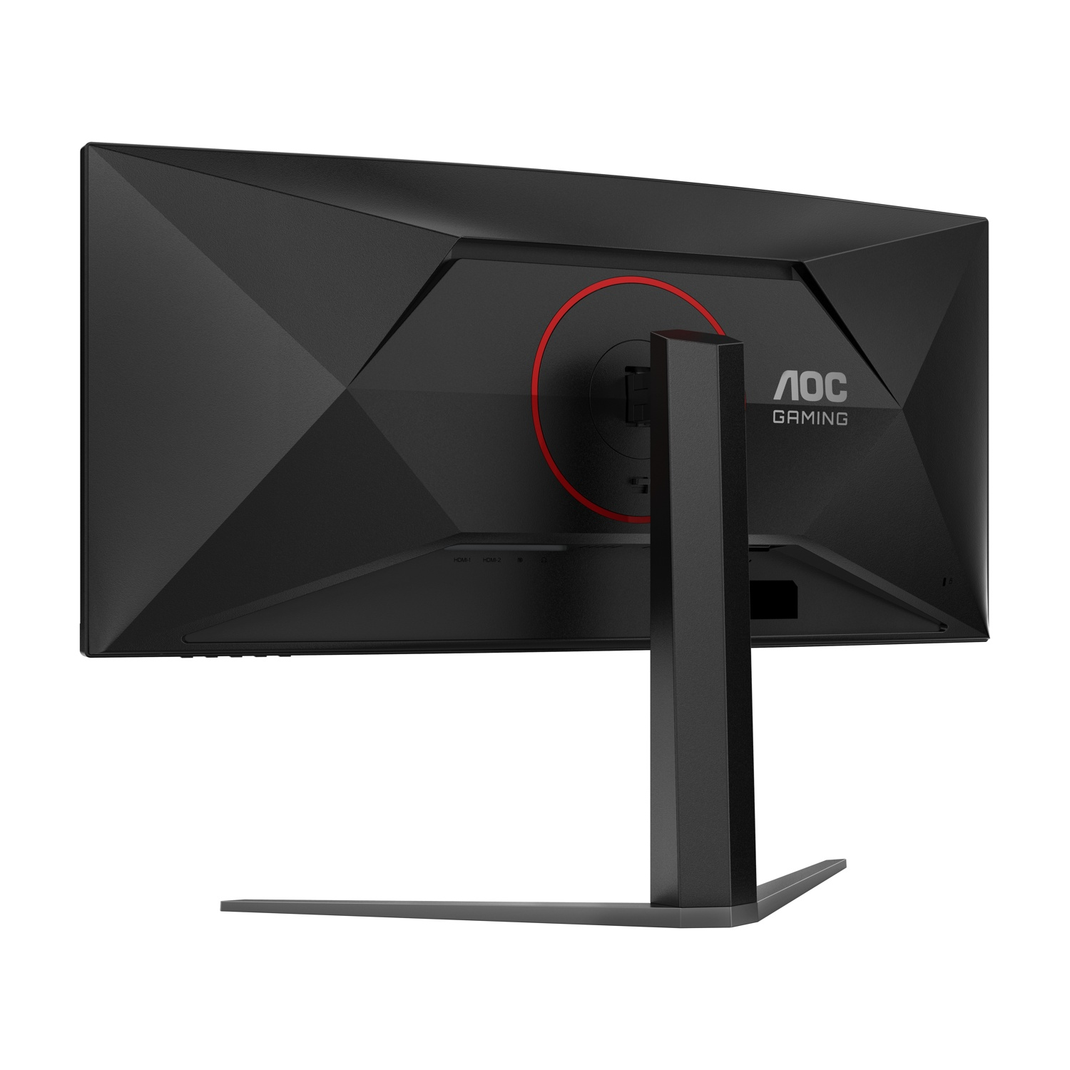 Monitor da gaming AOC nero visto da dietro, con supporto e porte. Anello rosso sul retro.