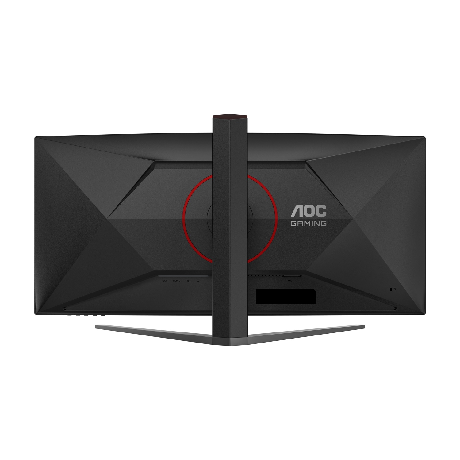 Vista posteriore del monitor da gioco AOC nero. Cerchio rosso, logo e porte visibili. Supporto argentato. Design geometrico.