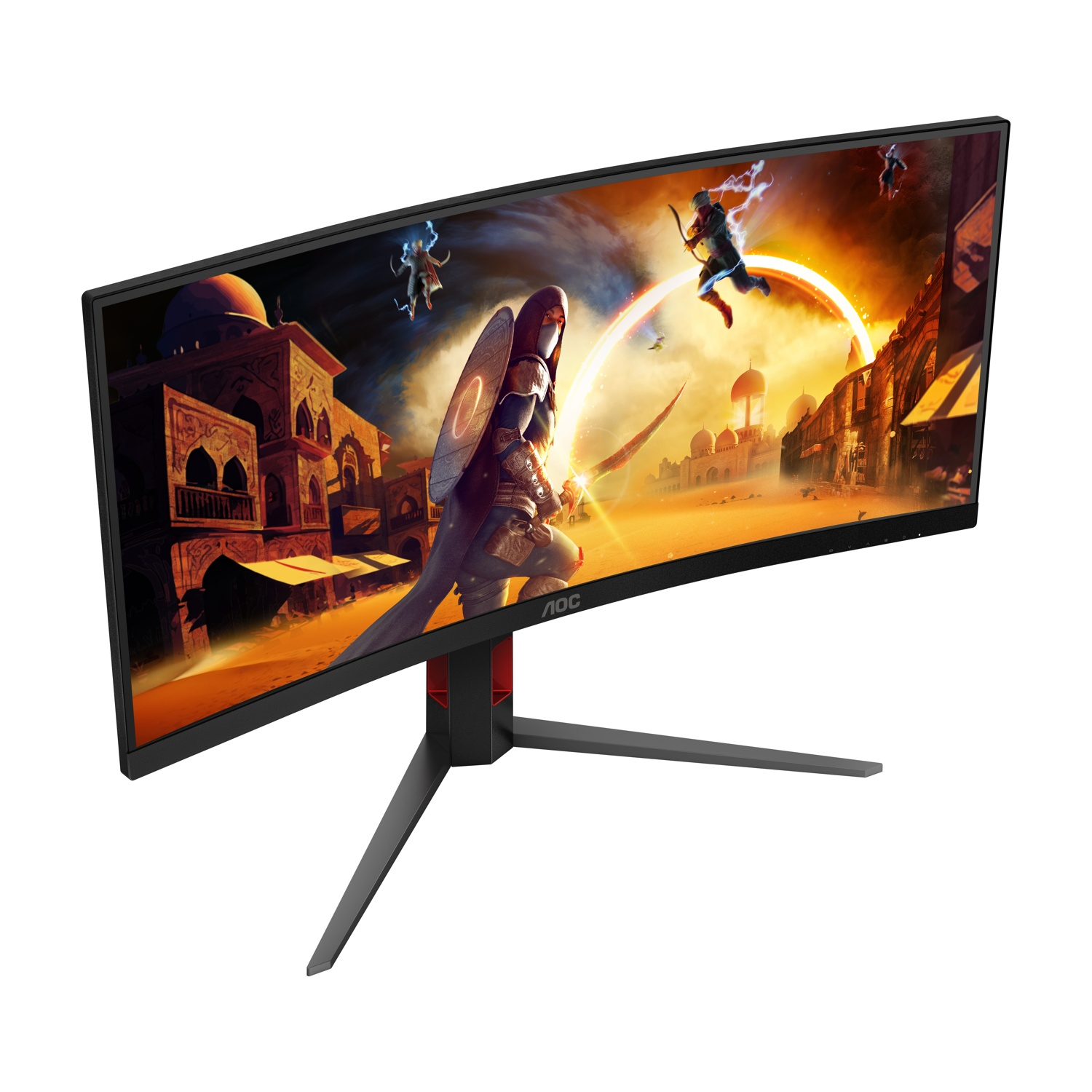 Monitor da gioco curvo. Viene visualizzata una scena fantasy con guerrieri ed edifici. Il monitor ha una cornice nera e un supporto.