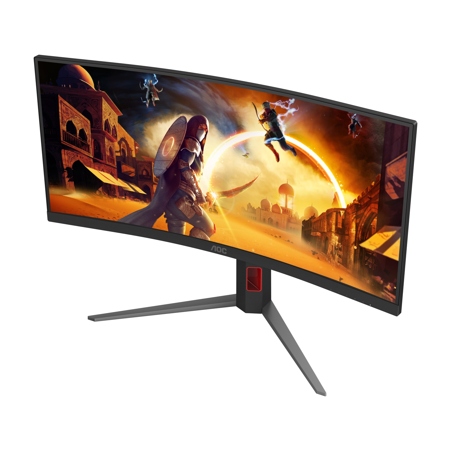 Il monitor da gioco curvo mostra una scena fantasy con personaggi in un ambiente desertico. Il monitor è su un supporto su sfondo bianco.