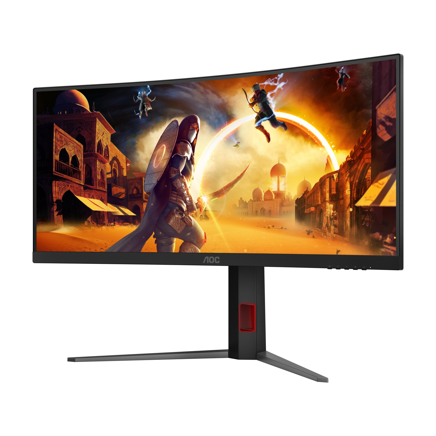 Il monitor curvo AOC mostra una scena fantasy con guerrieri e una città. Il monitor ha una cornice e un supporto neri.