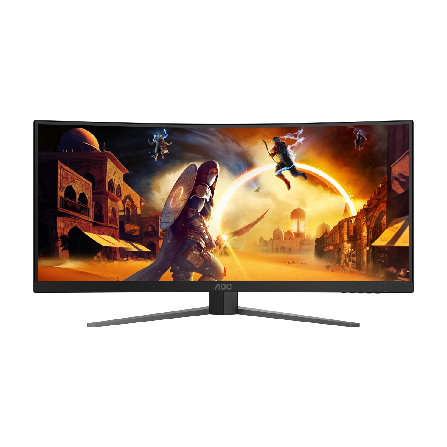 Monitor curvo che mostra una scena fantasy con figure, edifici e un paesaggio desertico sotto un cielo luminoso.