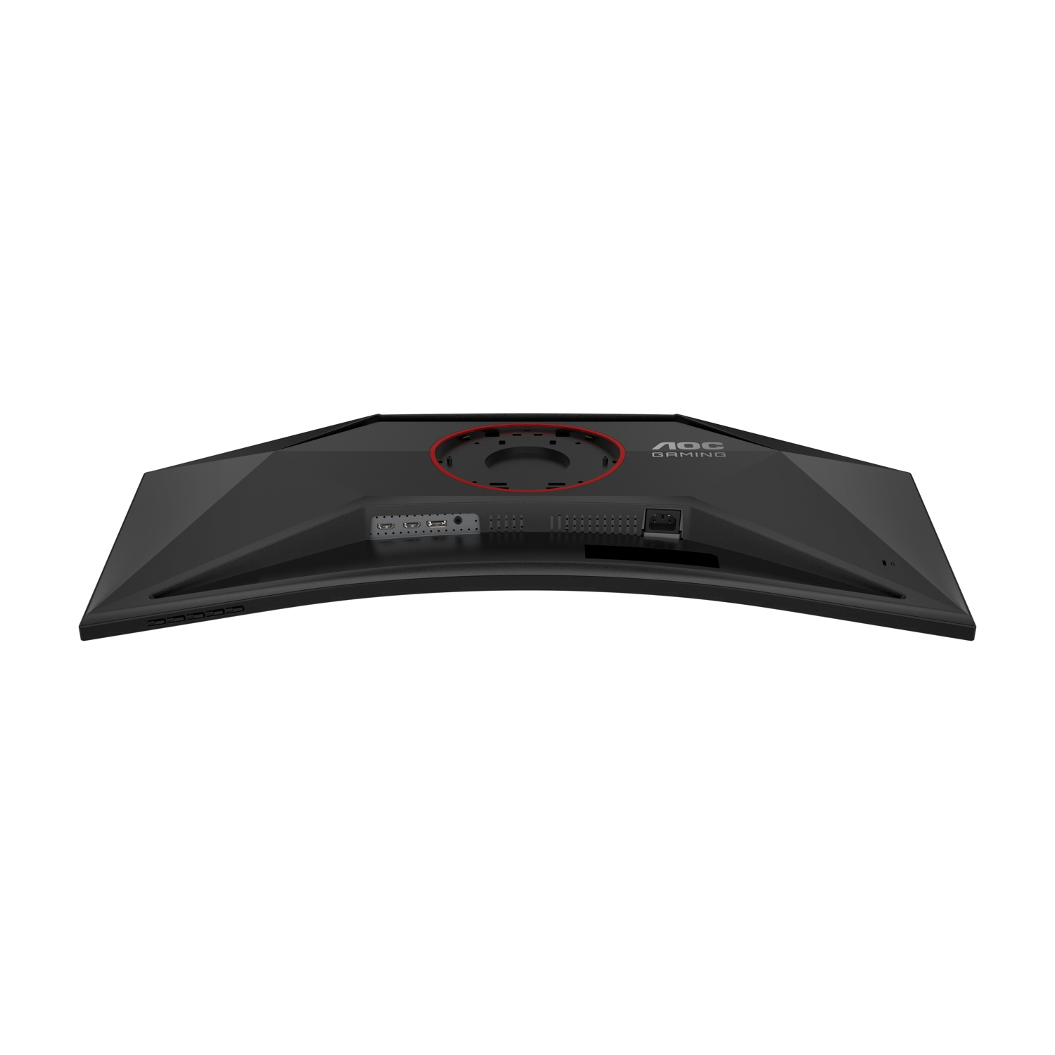 Il retro di un monitor curvo nero per gaming. Ha un anello rosso, porte e il logo AOC Gaming.