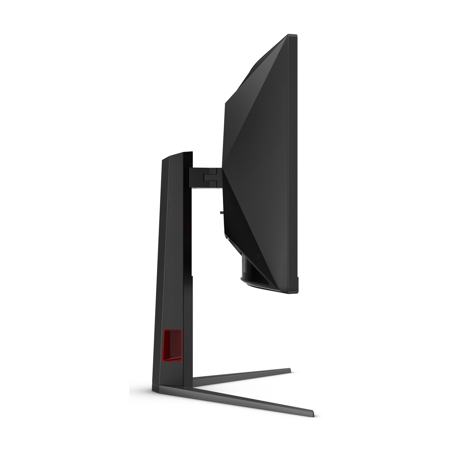 Vista laterale di un monitor per computer nero. Ha un supporto nero con accenti rossi. Lo schermo è nero. Sfondo bianco.