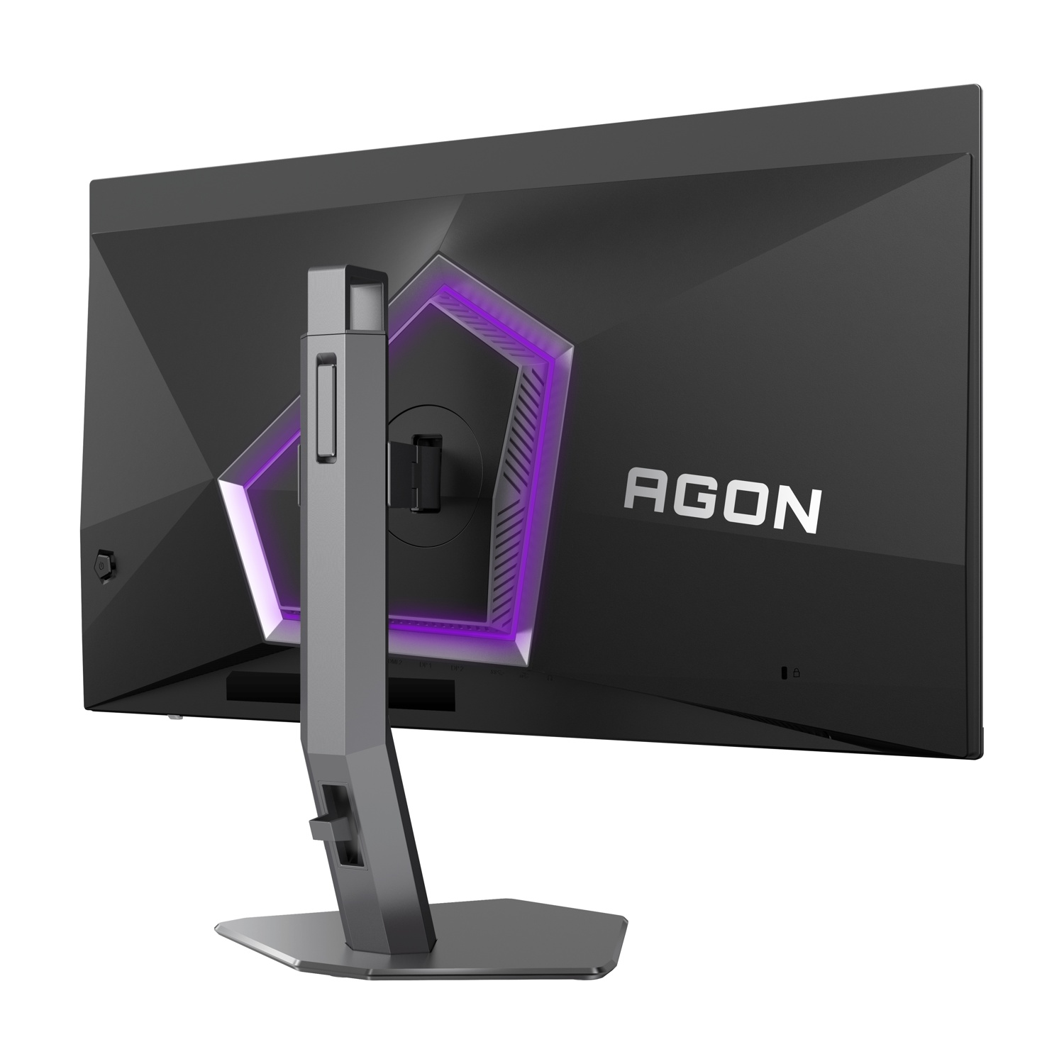 Il retro di un monitor AGON nero. Ha un supporto grigio e un design di luce viola.