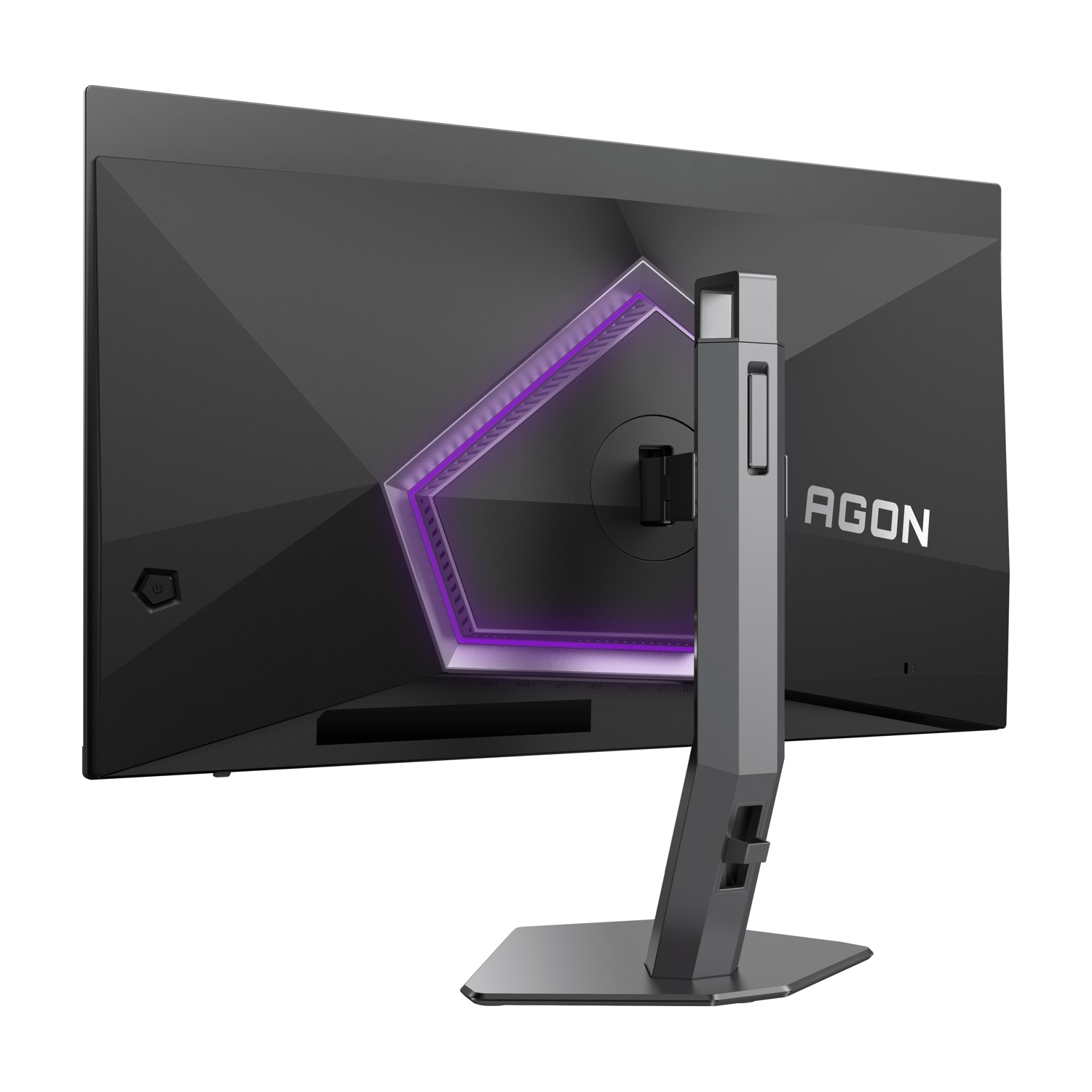 Il retro di un monitor AGON nero. Ha un design geometrico con una luce viola. Il supporto è grigio e la base è di forma piatta e angolata.