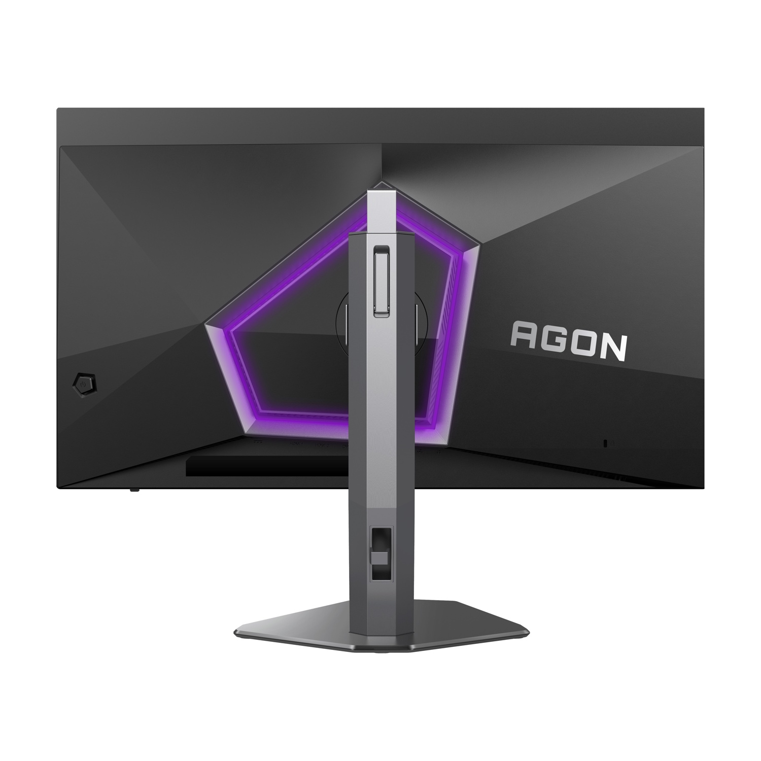 Il retro di un monitor AGON nero. Ha un design geometrico con illuminazione viola e un supporto argentato.