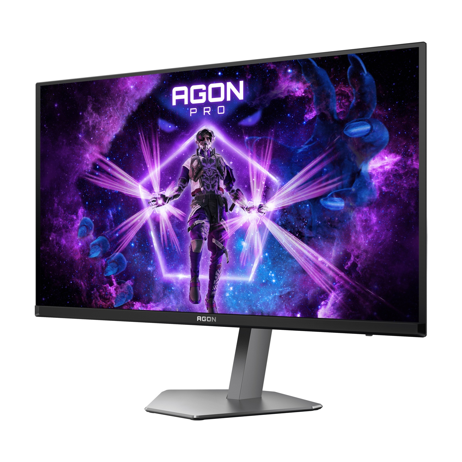 Monitor che mostra una scena fantascientifica con una figura che emette energia. Sfondo spaziale viola e blu con la parola AGON.