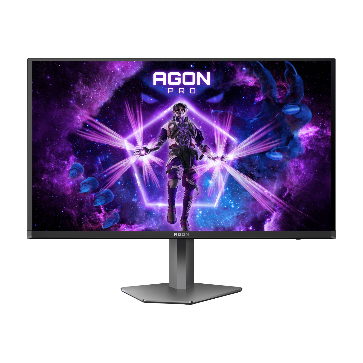 Monitor con scena futuristica. Una figura con raggi di energia contro sfondo spaziale viola. Logo AGON PRO in alto.