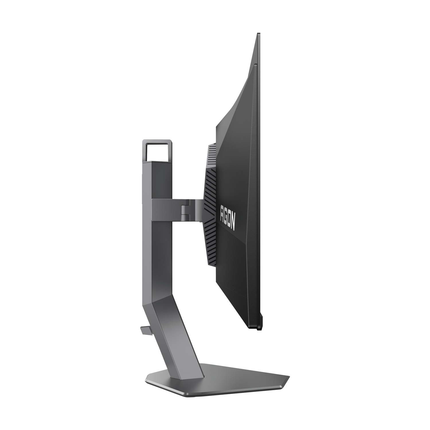 Vista laterale di un monitor per computer nero su un supporto grigio. Il monitor ha la scritta AGON sul lato.
