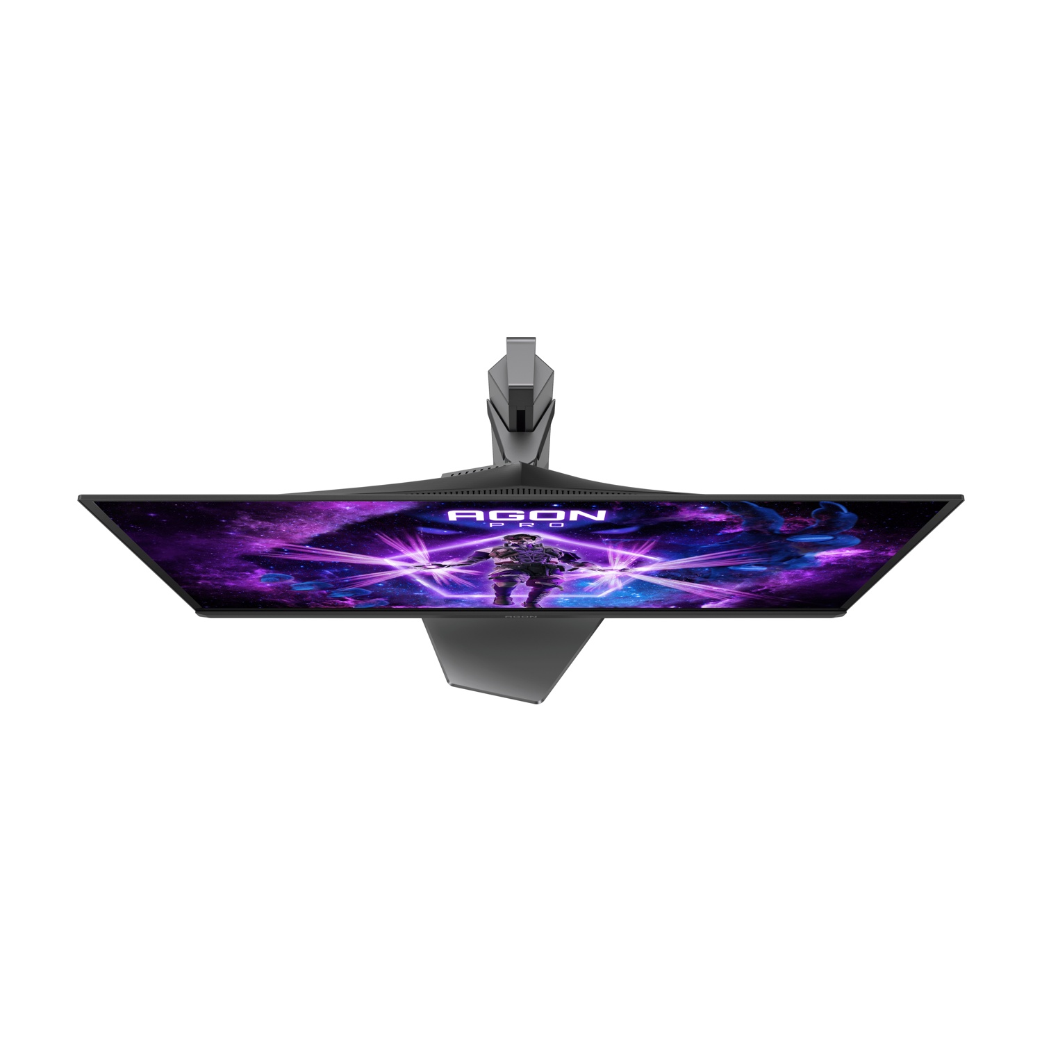 Vista dall'alto di un monitor AGON Pro nero. Lo schermo mostra una scena galattica viola con una figura. Anche il supporto è nero.