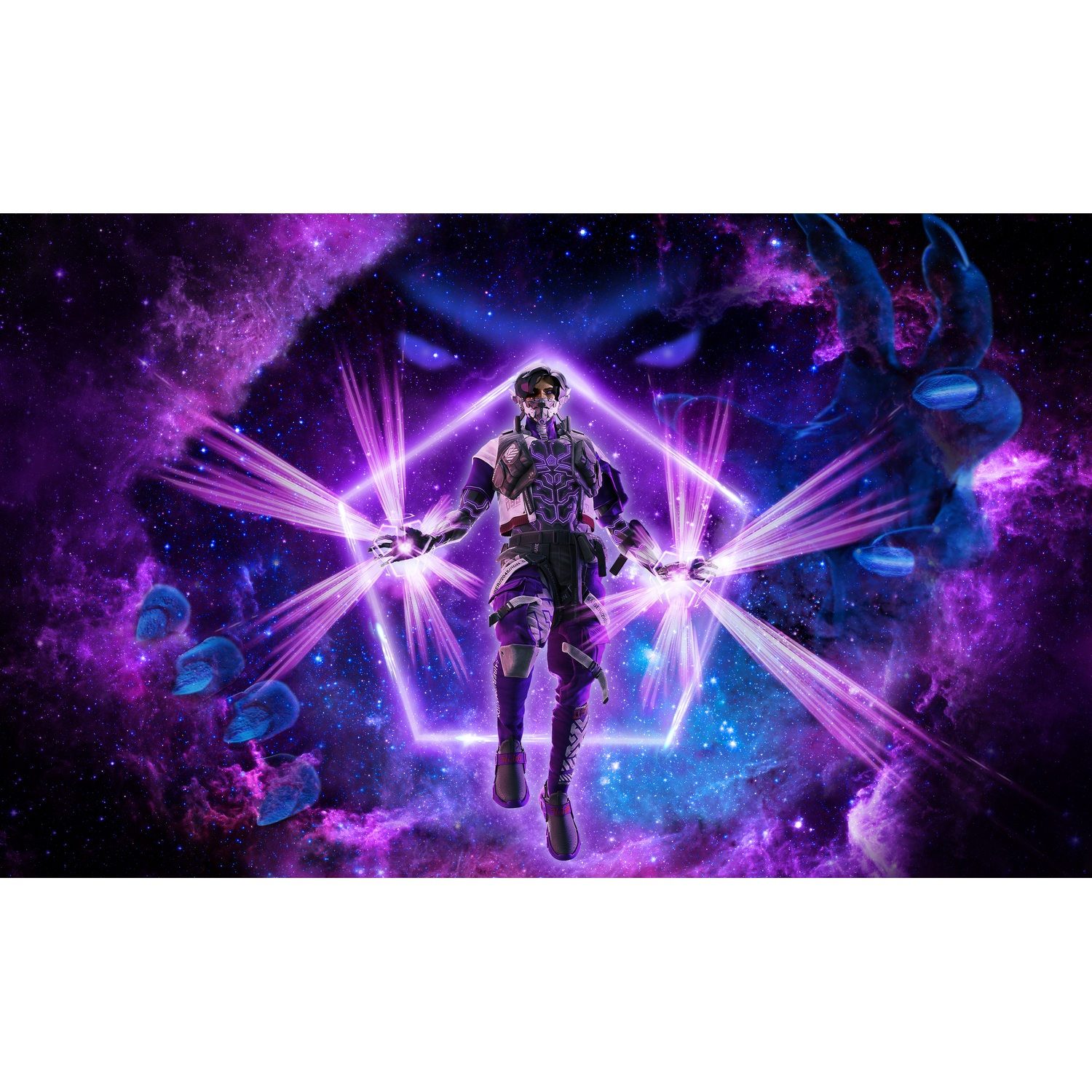 Una figura futuristica con mani luminose si trova in una scena spaziale. Un pentagono viola circonda la figura, con elementi spaziali visibili.