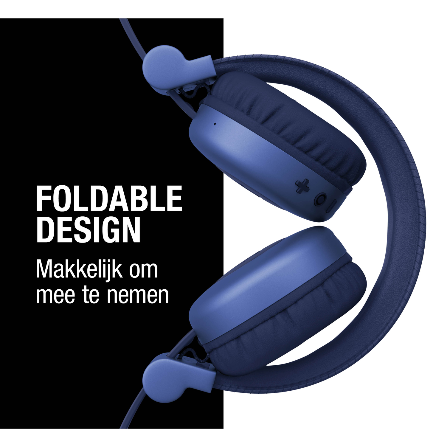 Blue foldable headphones on a white background, with a black rectangle on the left. Text: Foldable design. Easy to take with you.