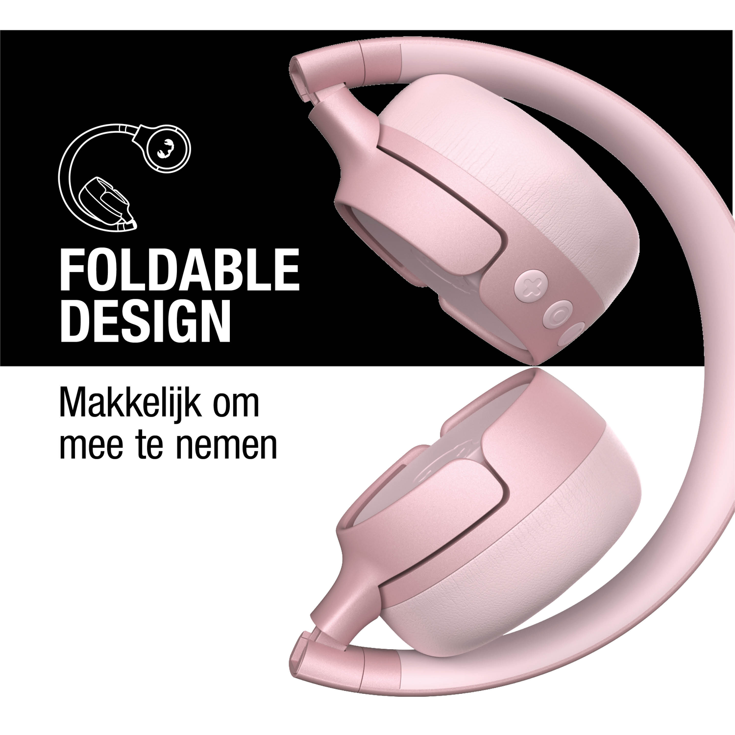 Pink foldable headphones on a white background. Text says 'Foldable Design' and 'Easy to take along'.