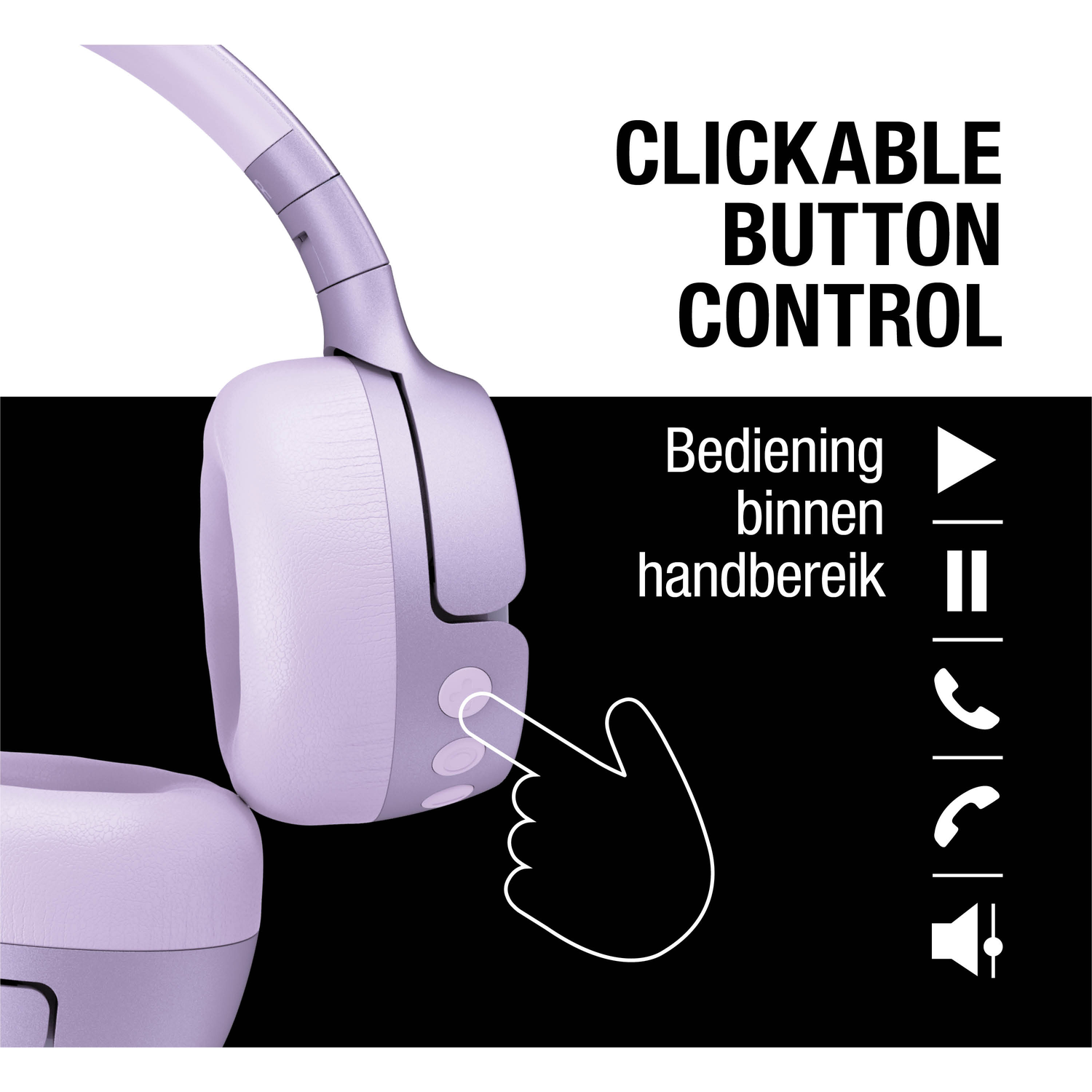 Een lavendelkleurige headset met een hand die naar een knop wijst. Tekst luidt: Klikbare knopbediening.