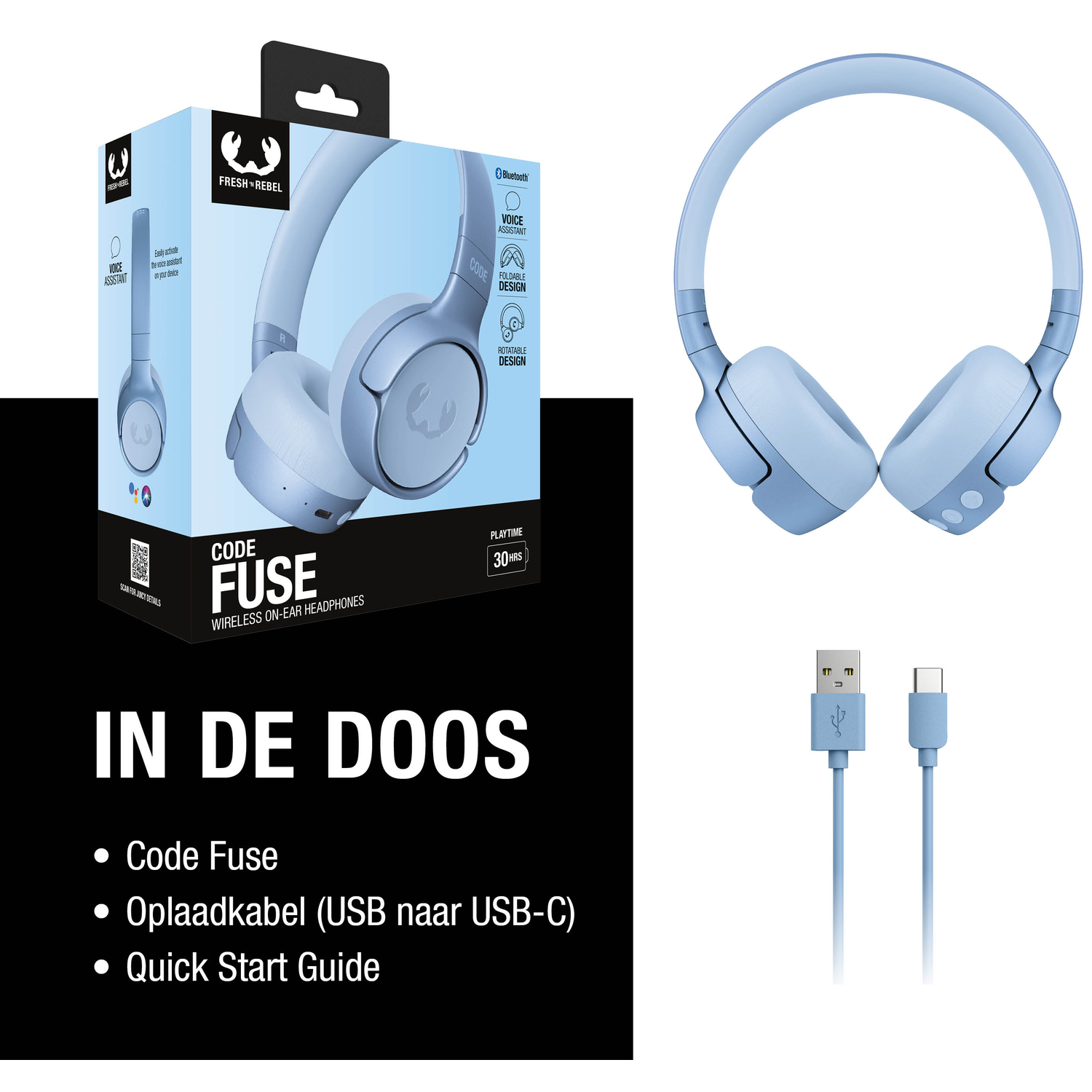 Afbeelding toont een blauwe Fresh 'n Rebel Code Fuse hoofdtelefoonset. Inclusief hoofdtelefoon, oplaadkabel en doos met productdetails.
