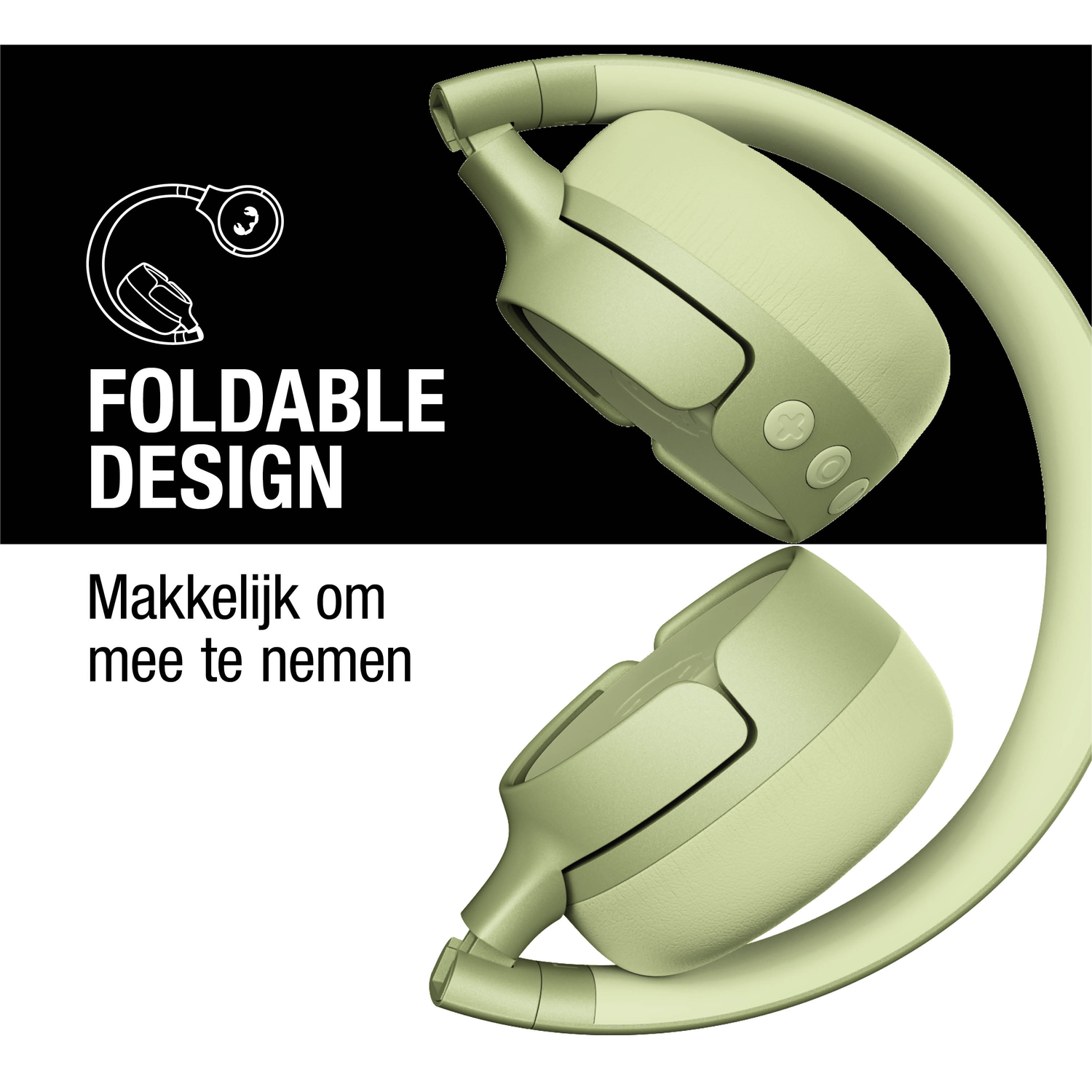 Opvouwbare lichtgroene koptelefoon op witte en zwarte achtergrond, met tekst 'Opvouwbaar Design' en 'Makkelijk mee te nemen'.