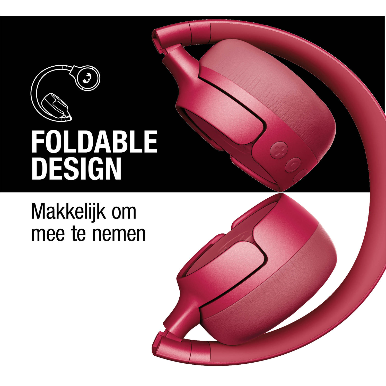 Red foldable headphones on a white background. Text says 'Foldable Design' and 'Easy to take with you'.