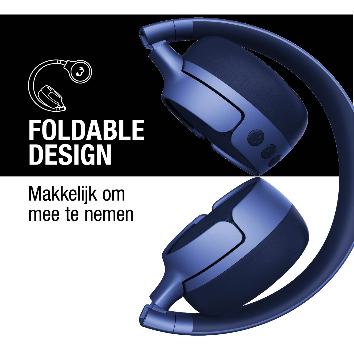Opvouwbare blauwe koptelefoon wordt getoond. Het ontwerp wordt uitgelicht op een zwart-witte achtergrond, met Nederlandse tekst.